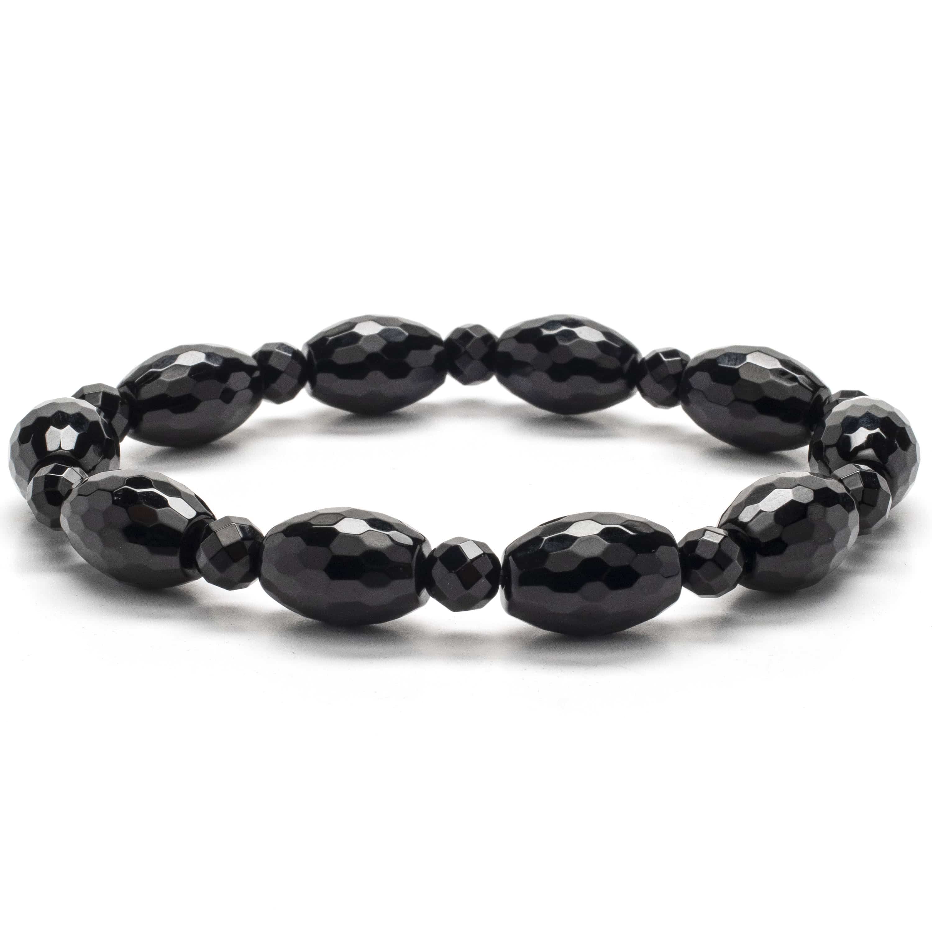 Kalifano Gemstone Bracelets Faceted Black Agate and Oval Gemstone Elastic Bracelet WHITE-BGP-032