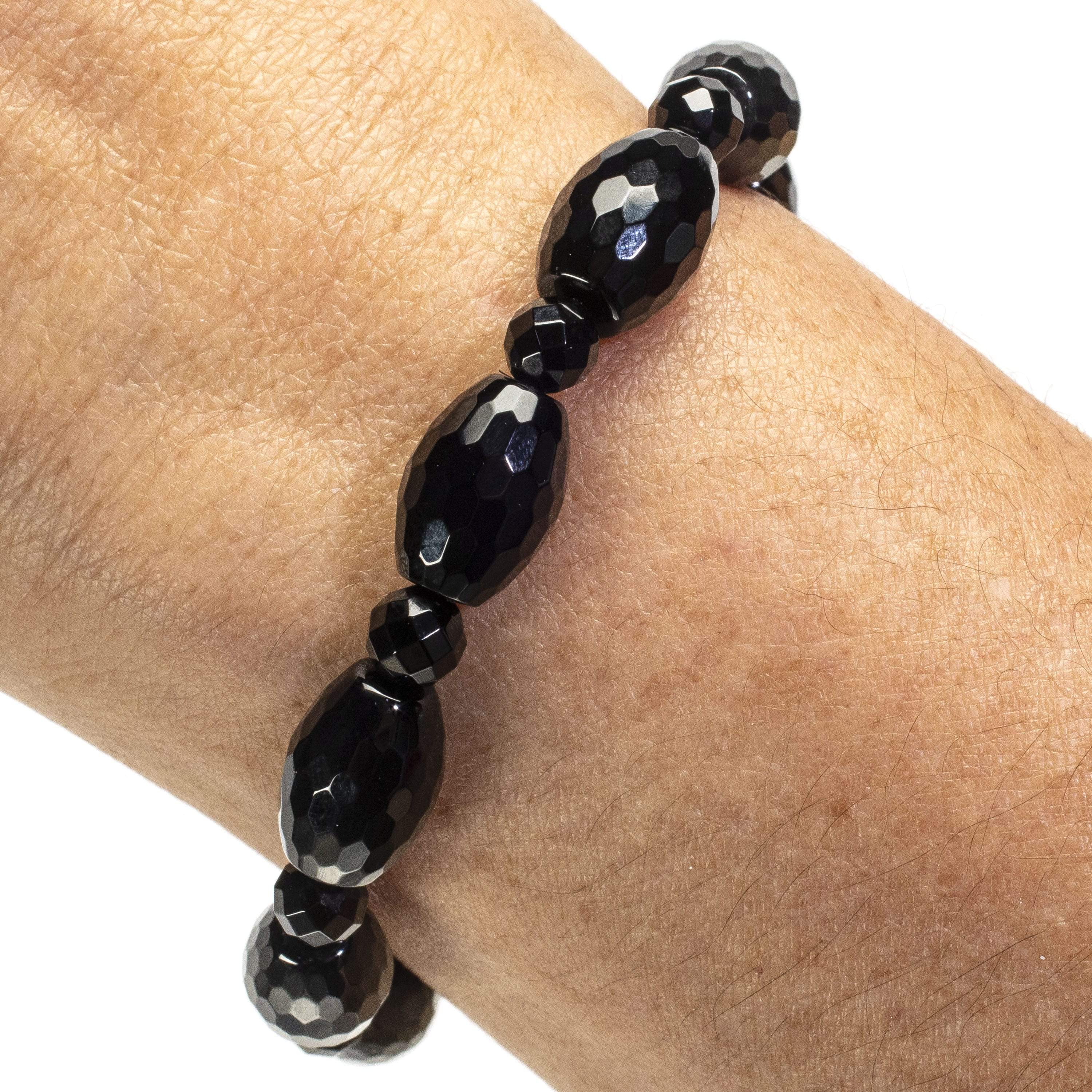 Kalifano Gemstone Bracelets Faceted Black Agate and Oval Gemstone Elastic Bracelet WHITE-BGP-032