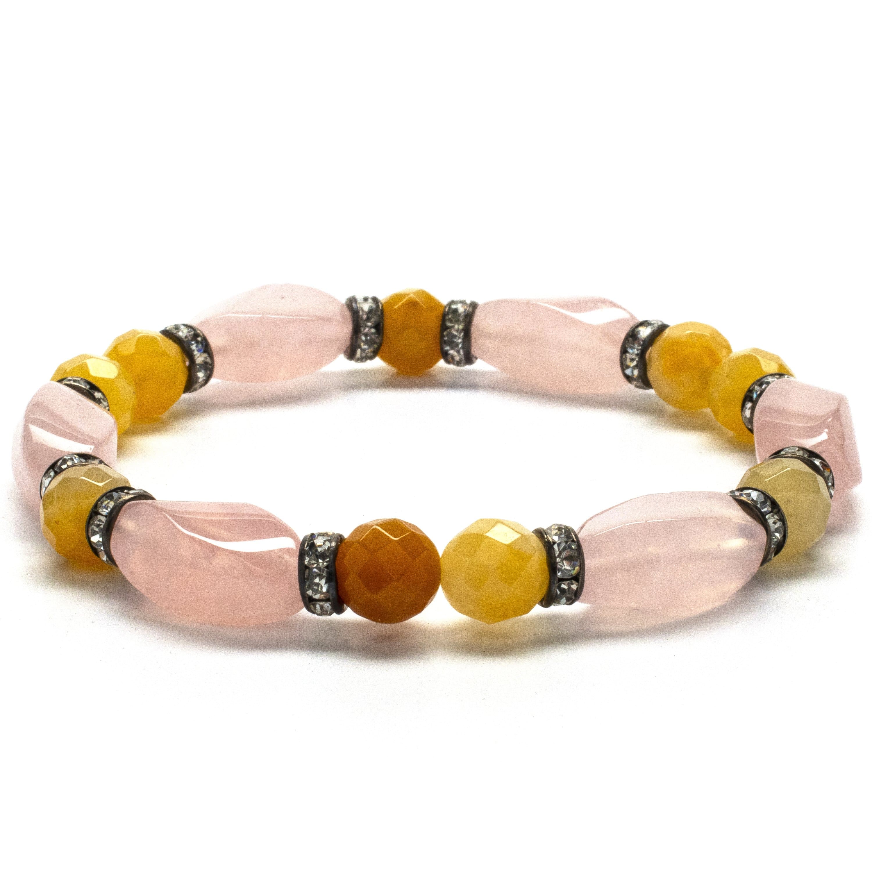 Kalifano Gemstone Bracelets Faceted Butter Jade and Rose Quartz Gemstone Elastic Braceletwith Crystal Accent Beads WHITE-BGP-023