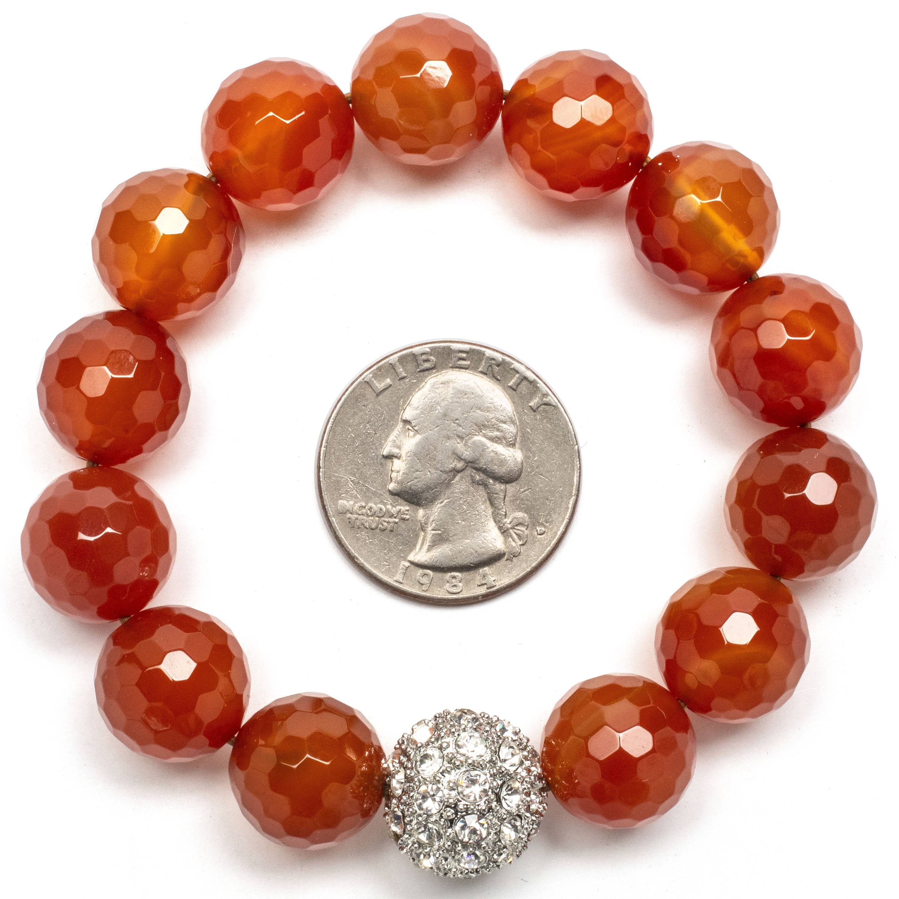 Kalifano Gemstone Bracelets Faceted Carnelian 14mm Gemstone Bead Braceletwith Sparkly Accent Bead Gemstone Elastic Bracelet WHITE-BGP-048