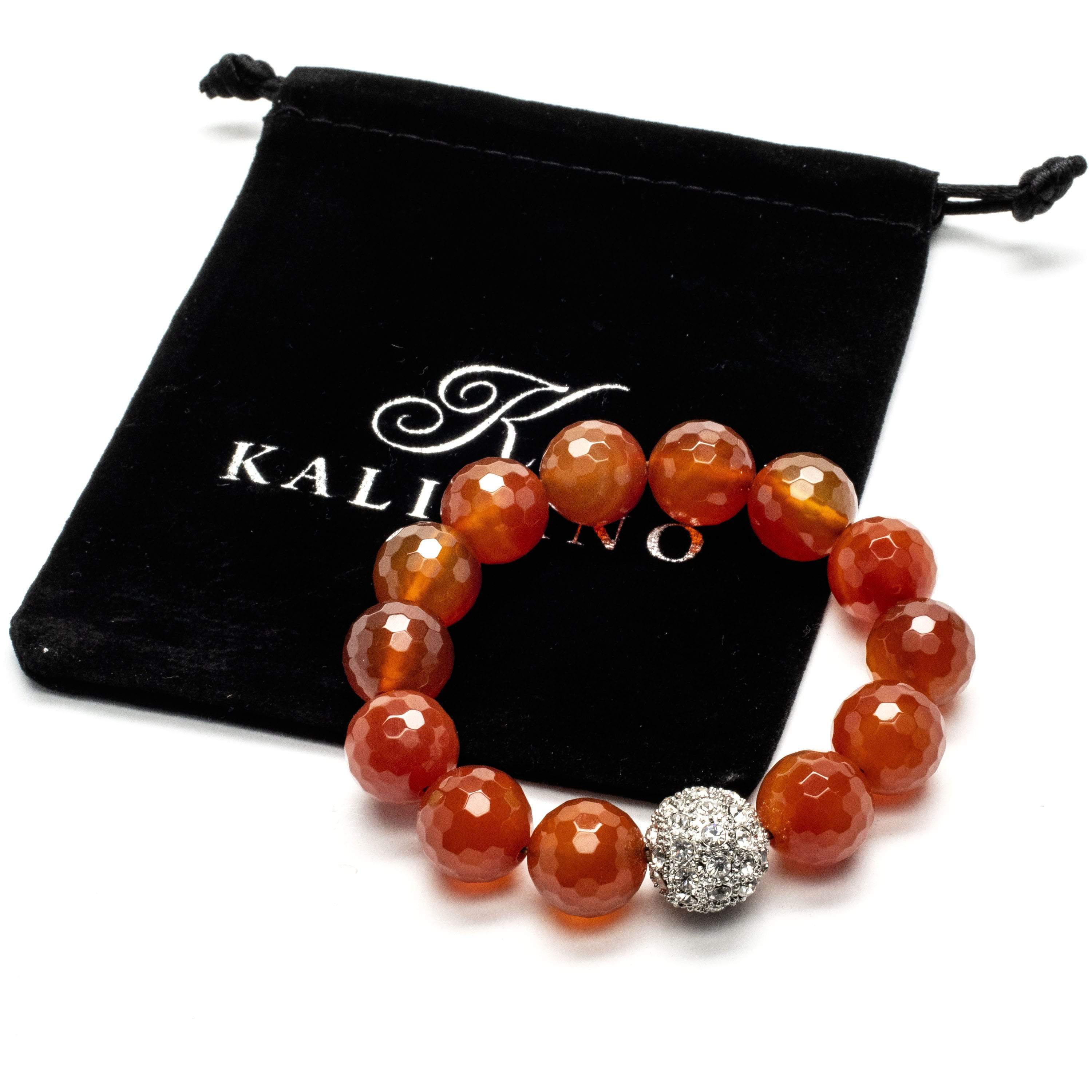 Kalifano Gemstone Bracelets Faceted Carnelian 14mm Gemstone Bead Braceletwith Sparkly Accent Bead Gemstone Elastic Bracelet WHITE-BGP-048