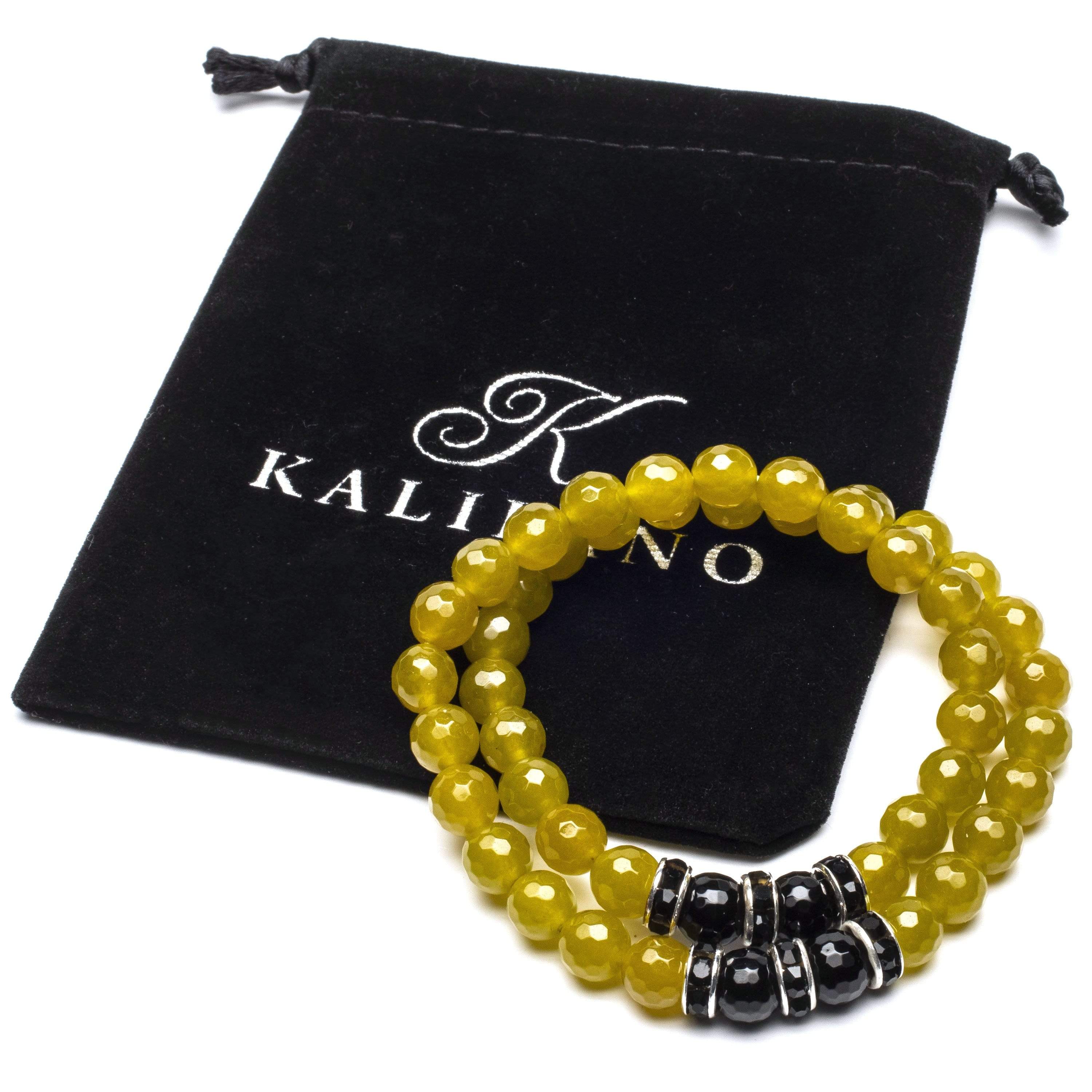 Kalifano Gemstone Bracelets Faceted Green Agate 8mm Beads with Black Agate and Black and Silver Accent Beads Double Wrap Elastic Gemstone Bracelet WHITE-BGI2-025