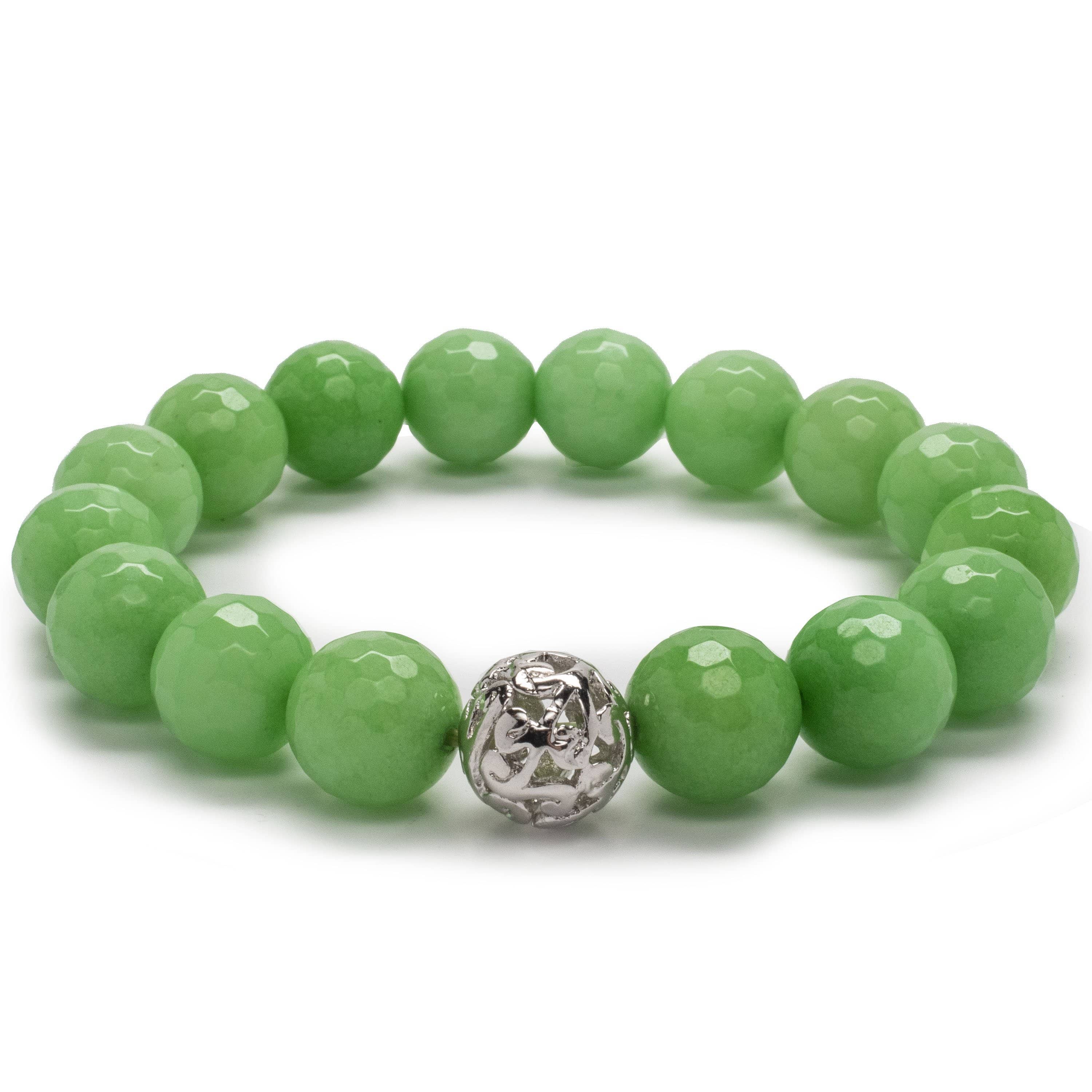 Kalifano Gemstone Bracelets Faceted Green Color Enhanced Jade with Silver Accent Bead Gemstone Elastic Bracelet RED-BGP-041