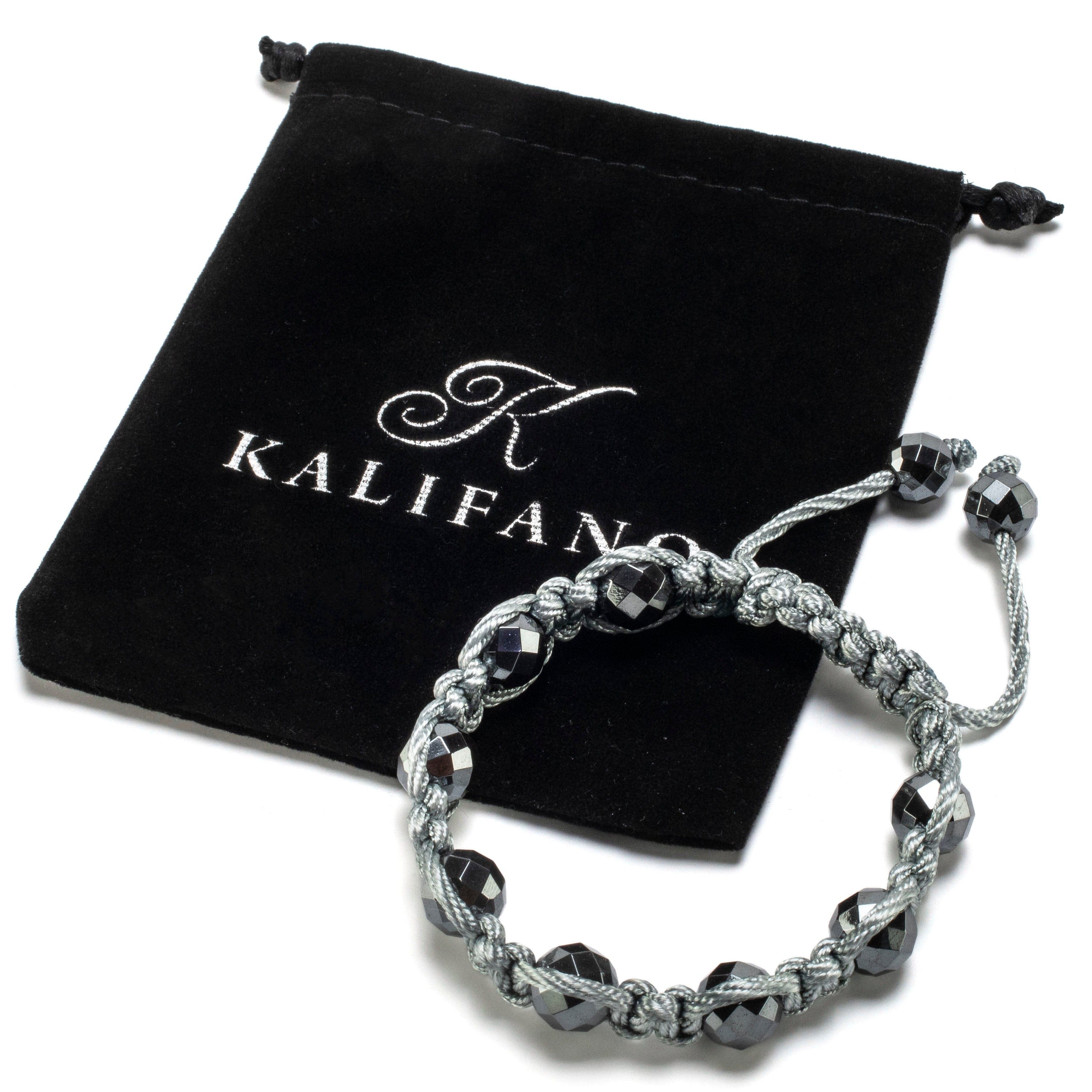 Kalifano Gemstone Bracelets Faceted Hematite 10mm Beads Grey Rope Adjustable Bracelet BLUE-BGP-048