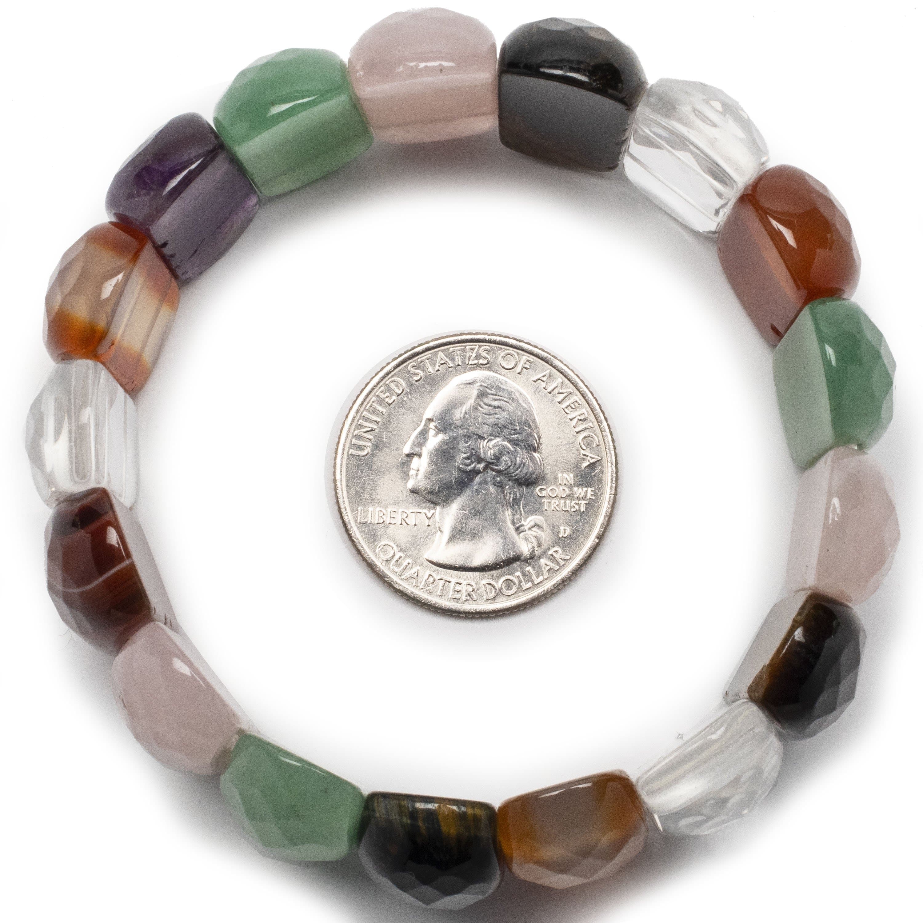 Kalifano Gemstone Bracelets Faceted Rose Quartz, Aventurine, Black Agate, Carnelian, Quartz, and Amethyst Natural Gemstone Rectangular Elastic Bracelet BLACK-BGP-009