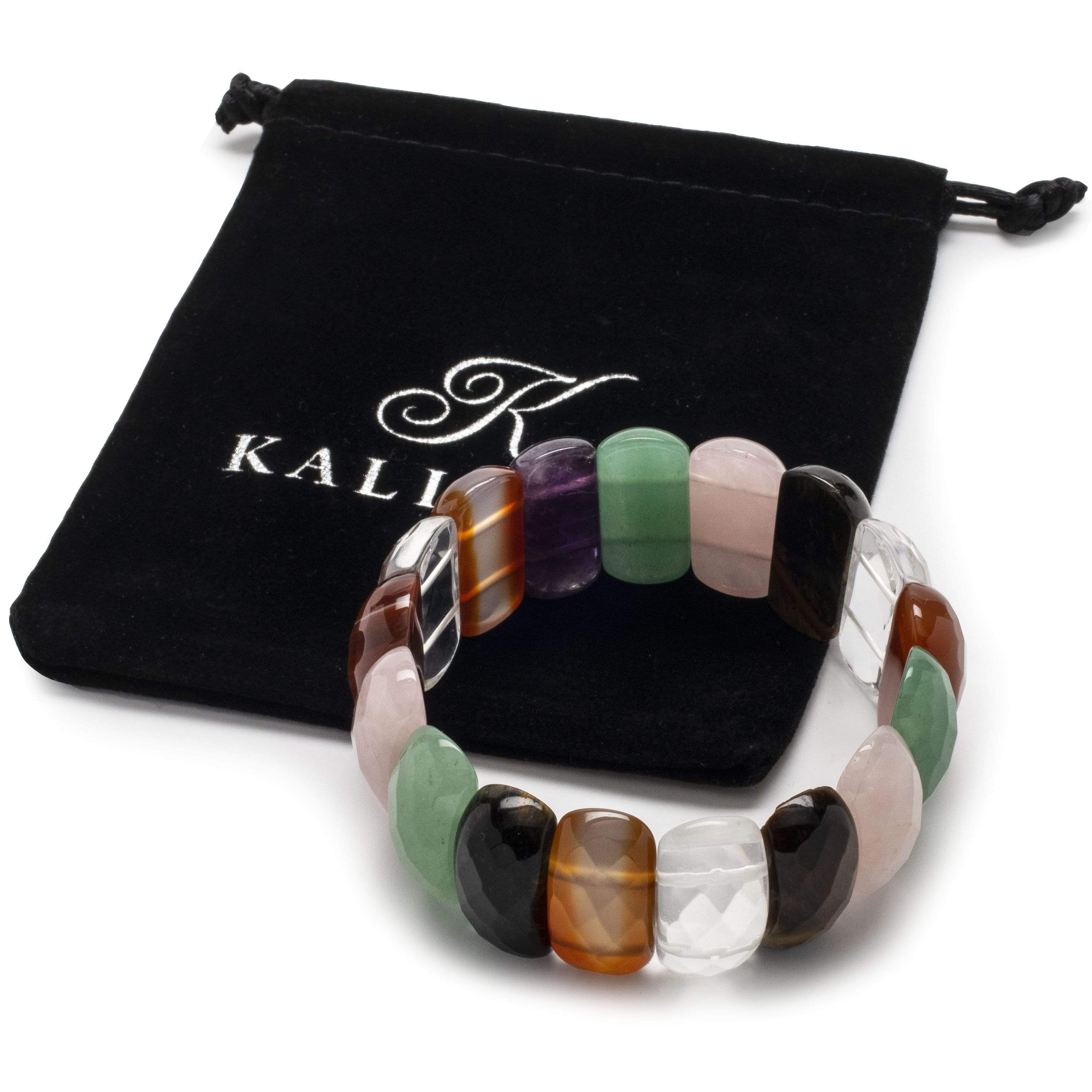 Kalifano Gemstone Bracelets Faceted Rose Quartz, Aventurine, Black Agate, Carnelian, Quartz, and Amethyst Natural Gemstone Rectangular Elastic Bracelet BLACK-BGP-009