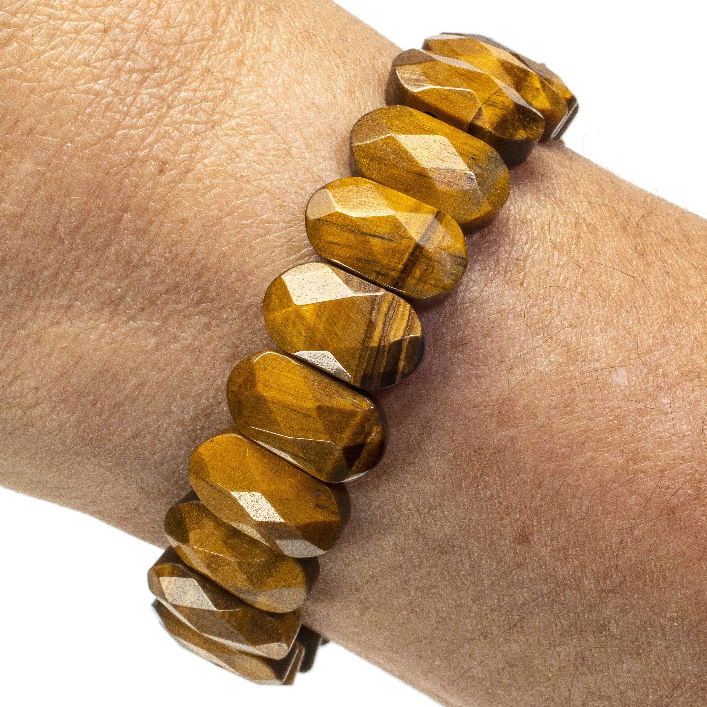 Kalifano Gemstone Bracelets Faceted Tiger Eye Oval Gemstone Elastic Bracelet WHITE-BGP-041