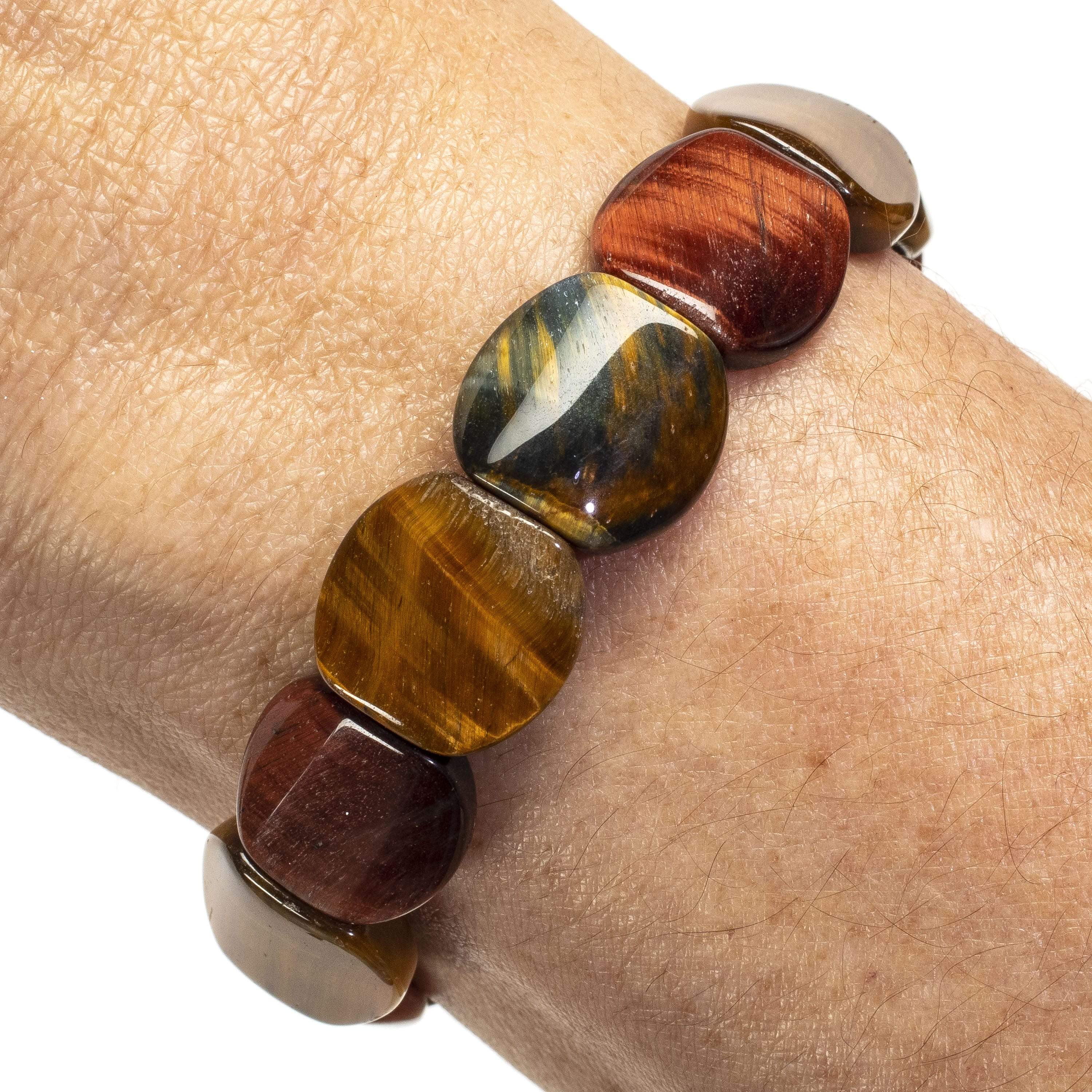 Kalifano Gemstone Bracelets Flat and Round Tiger Eye Gemstone Elastic Bracelet WHITE-BGP-043