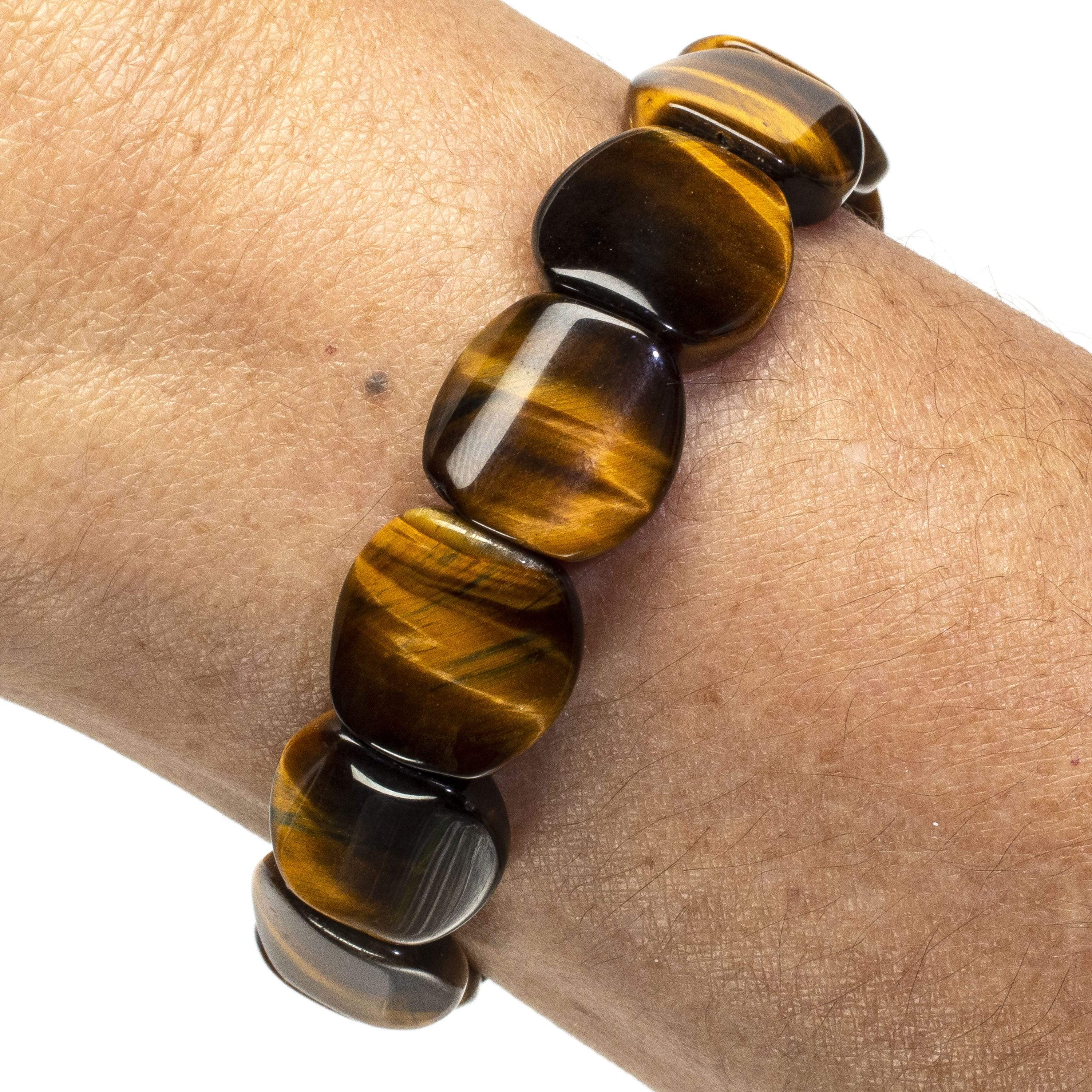 Kalifano Gemstone Bracelets Flat & Oval Tiger Eye Gemstone Elastic Bracelet WHITE-BGP-037