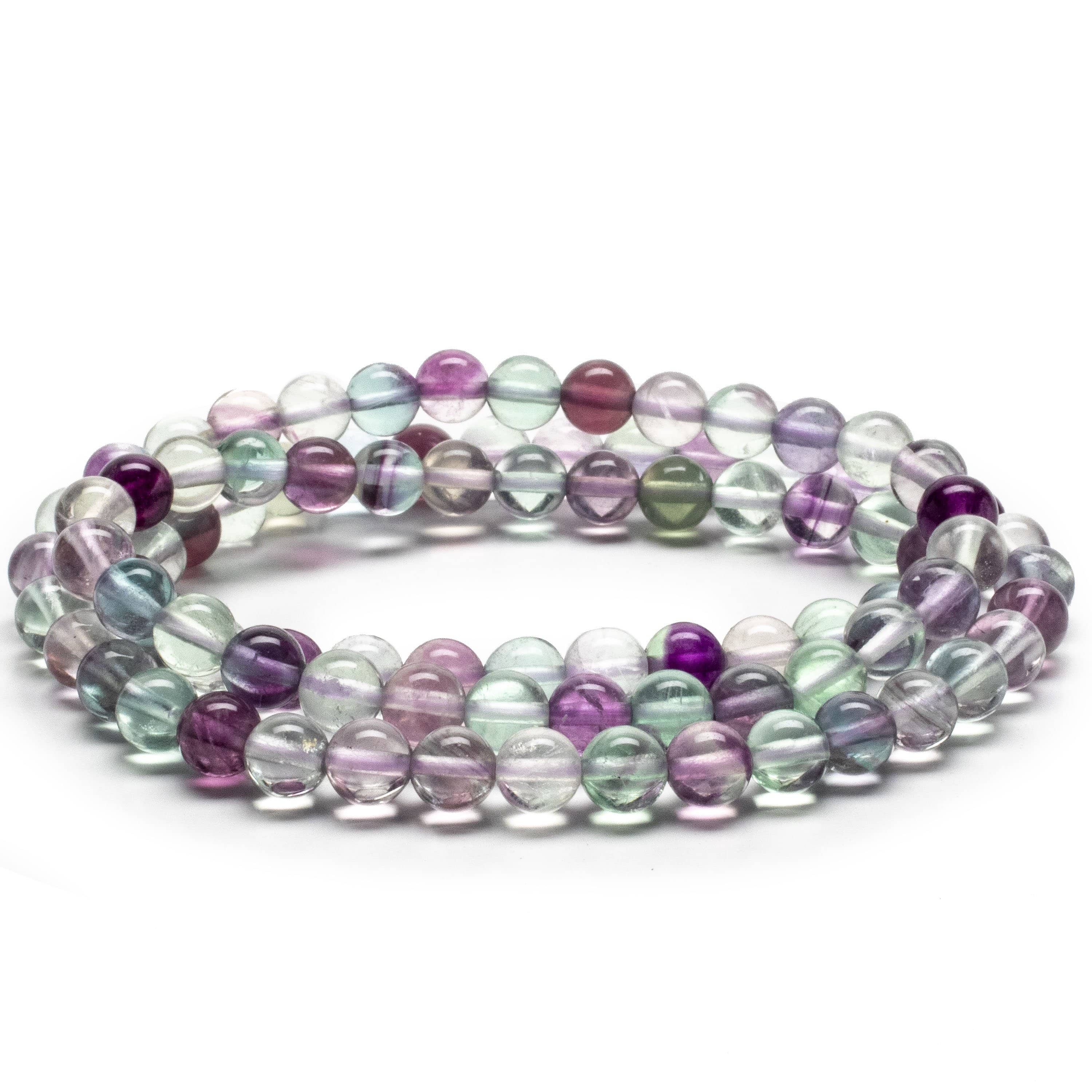 Kalifano Gemstone Bracelets Flourite 6mm Gemstone Bead Triple Wrap Elastic Bracelet WHITE-BGI3-004