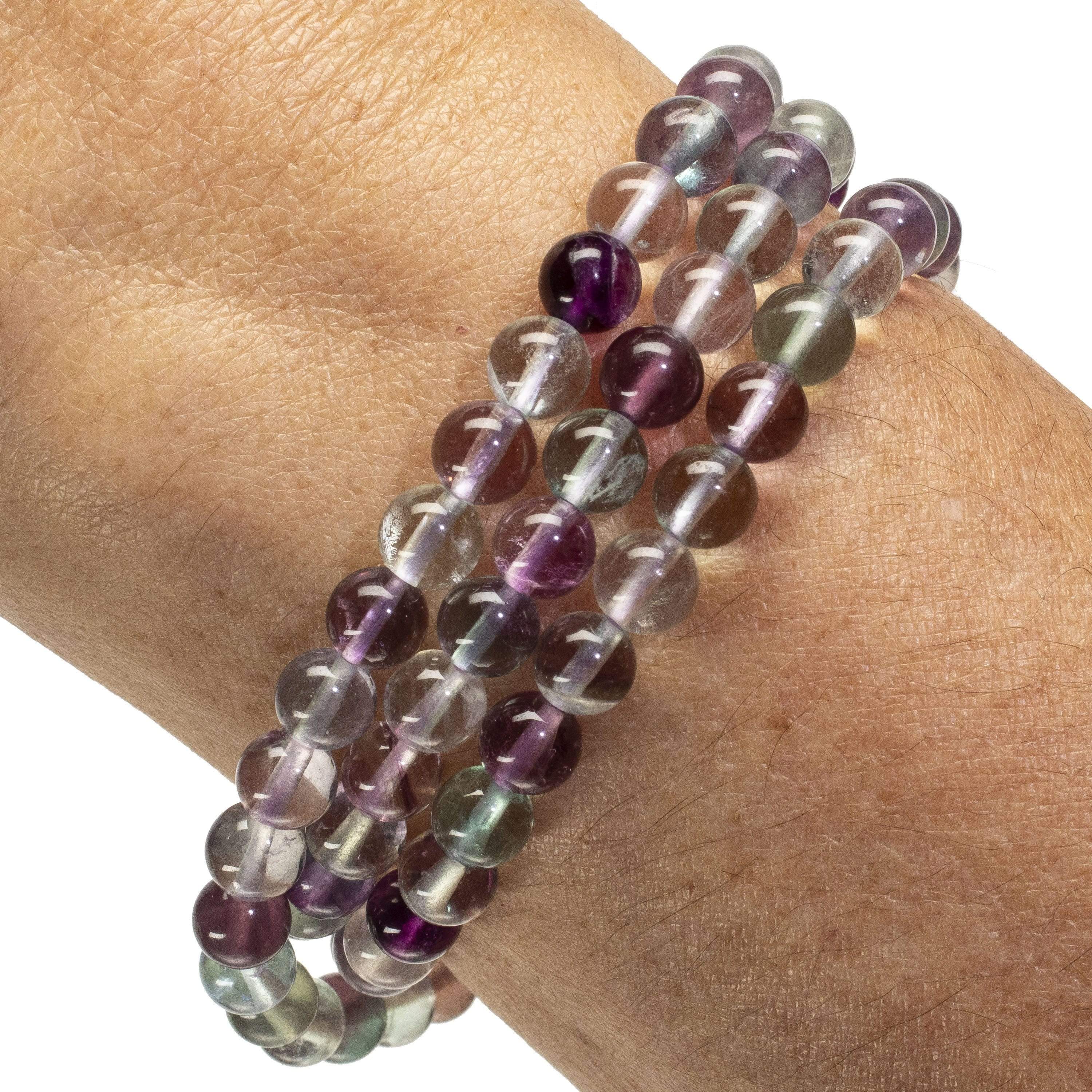 Kalifano Gemstone Bracelets Flourite 6mm Gemstone Bead Triple Wrap Elastic Bracelet WHITE-BGI3-004