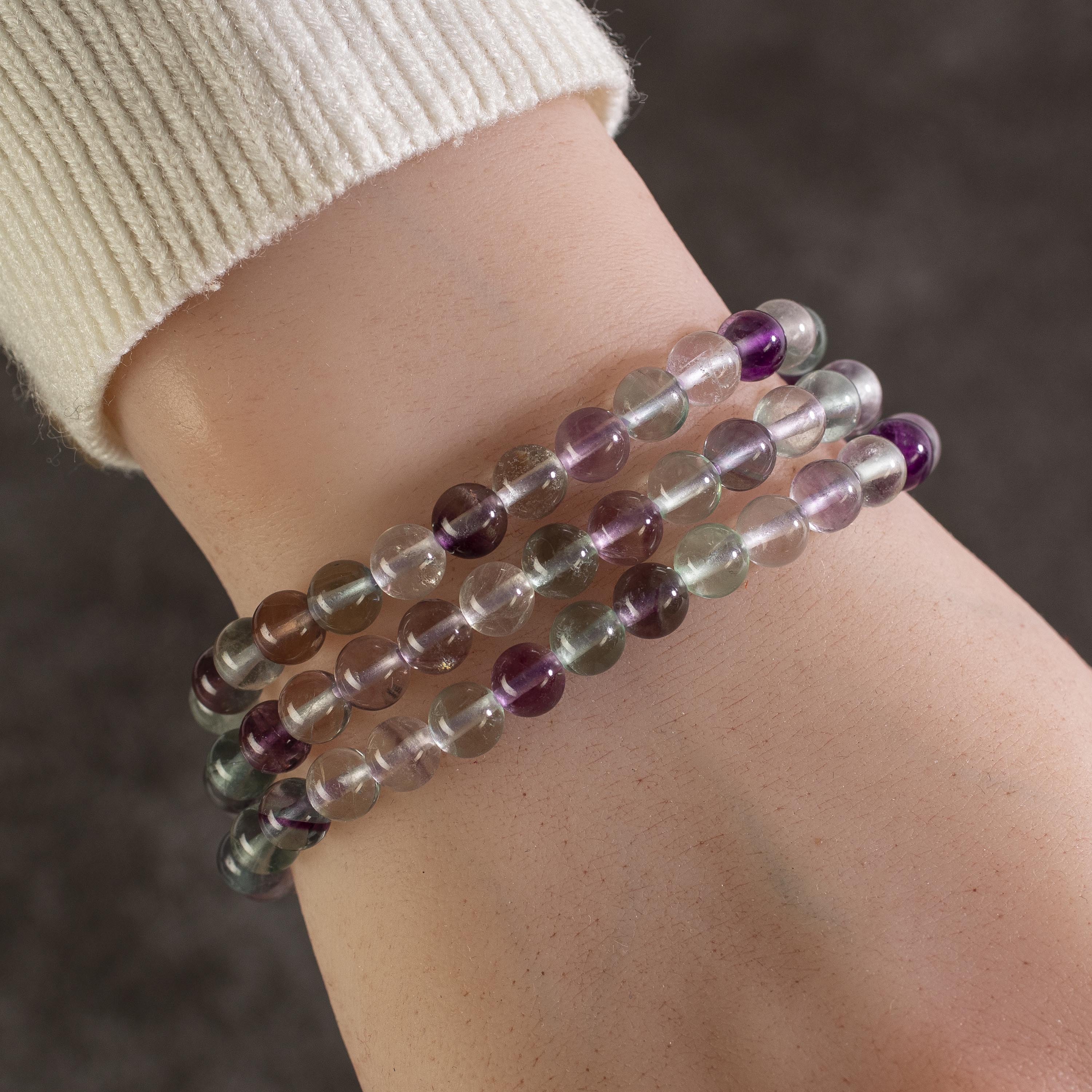 Kalifano Gemstone Bracelets Flourite 6mm Gemstone Bead Triple Wrap Elastic Bracelet WHITE-BGI3-004