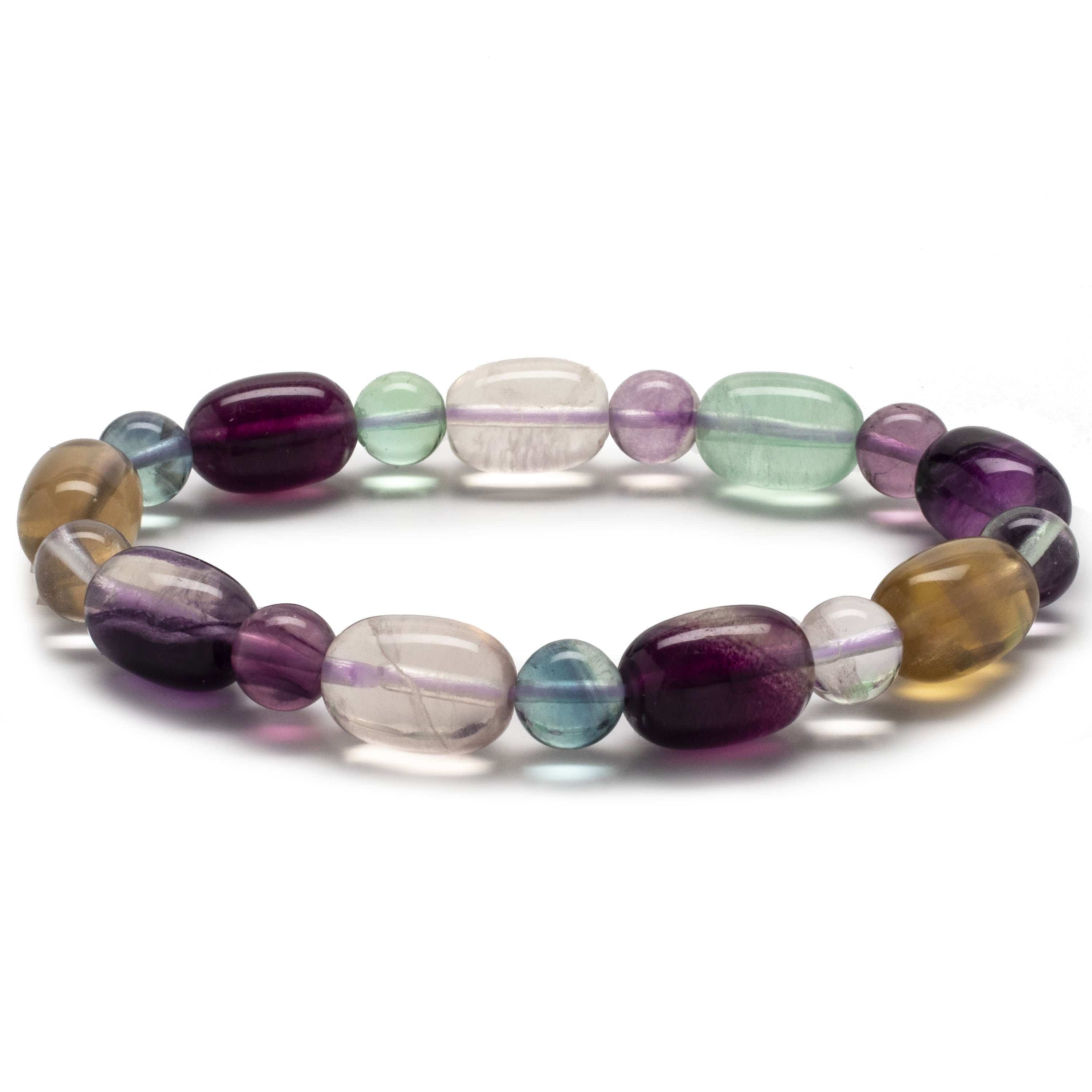 Kalifano Gemstone Bracelets Fluorite Oval and 8mm Natural Gemstone Bead Elastic Bracelet GOLD-BGP-030