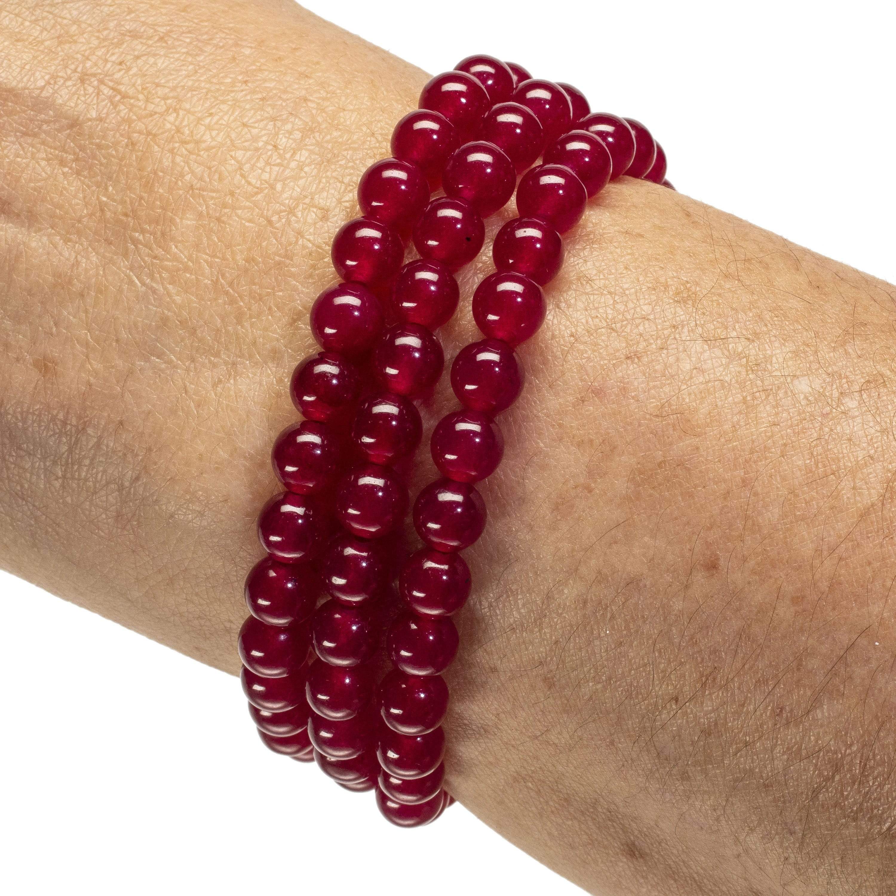 Kalifano Gemstone Bracelets Fuchsia Agate 6mm Bead Triple Wrap Elastic Gemstone Bracelet WHITE-BGI3-025