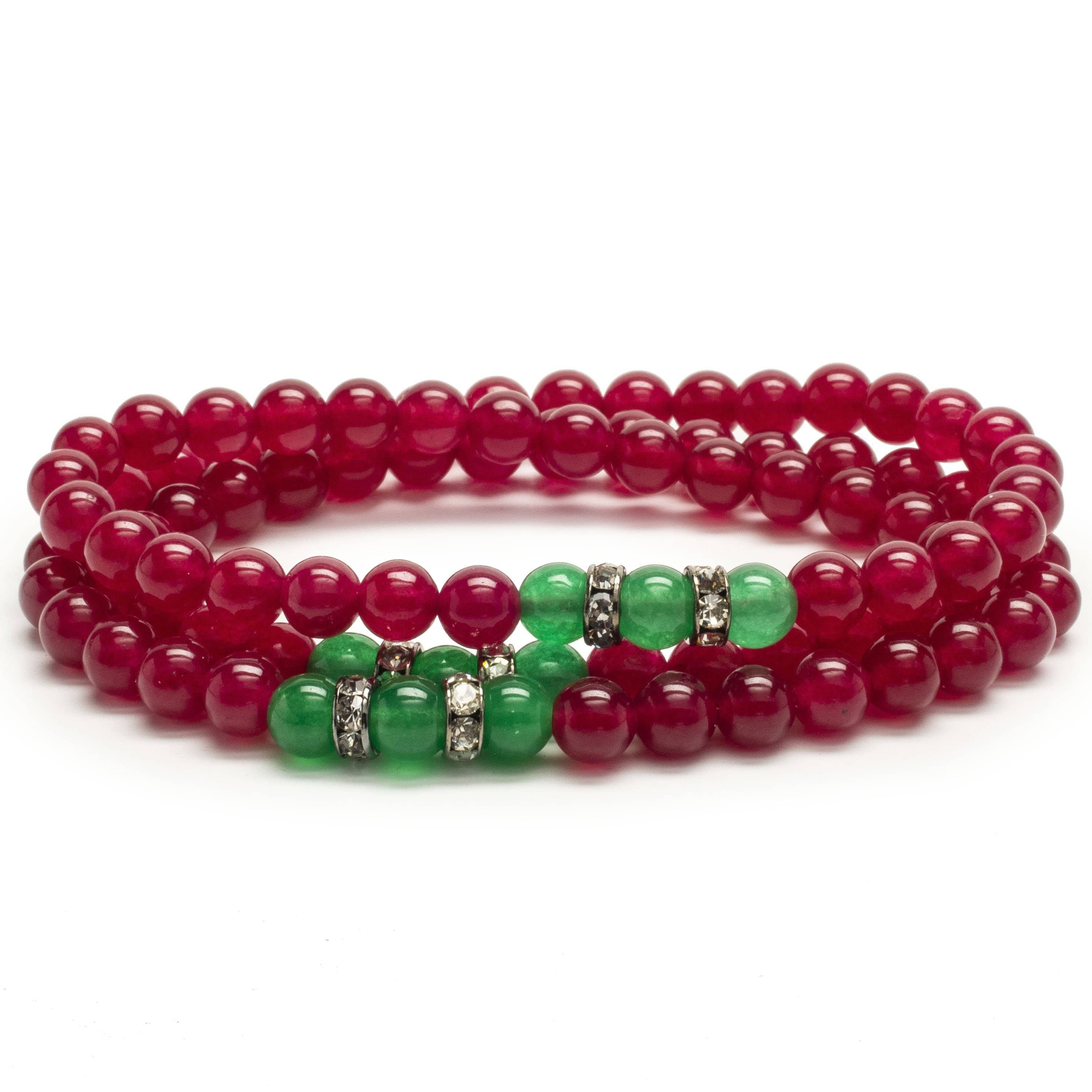 Kalifano Gemstone Bracelets Fuchsia Agate 6mm Beads with Aventurine and Crystal Accent Beads Triple Wrap Elastic Gemstone Bracelet WHITE-BGI3-033