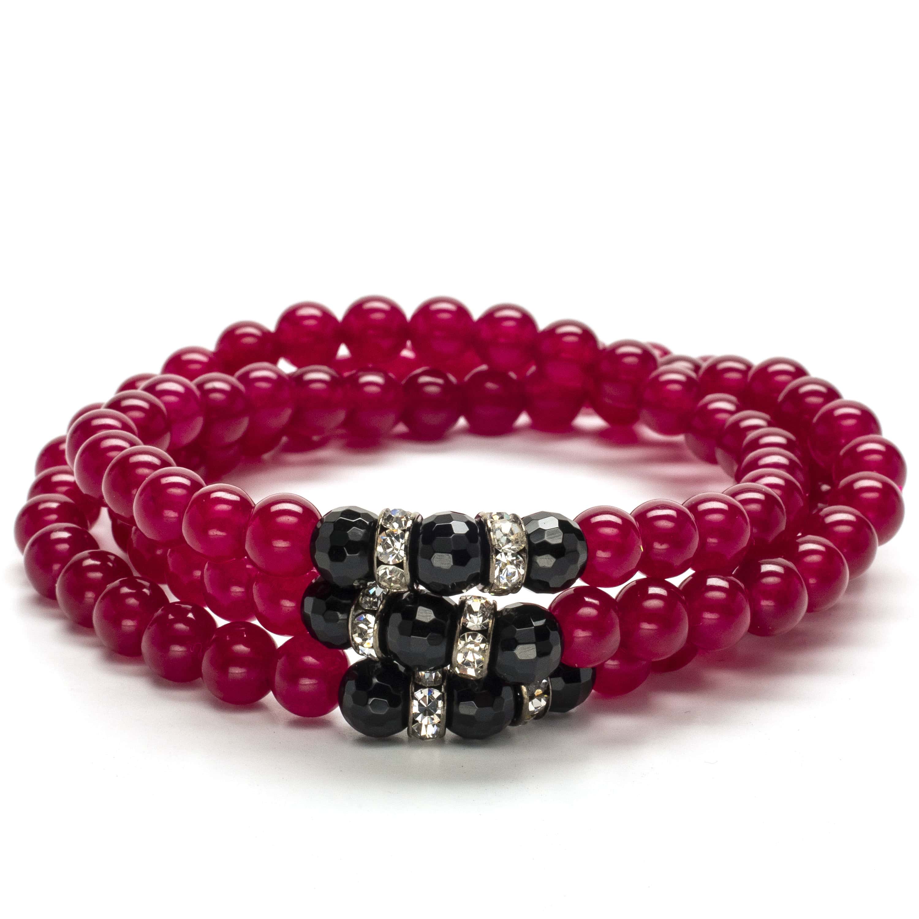 Kalifano Gemstone Bracelets Fuchsia Agate 6mm Beads with Black Agate and Crystal Accent Beads Triple Wrap Elastic Gemstone Bracelet WHITE-BGI3-023