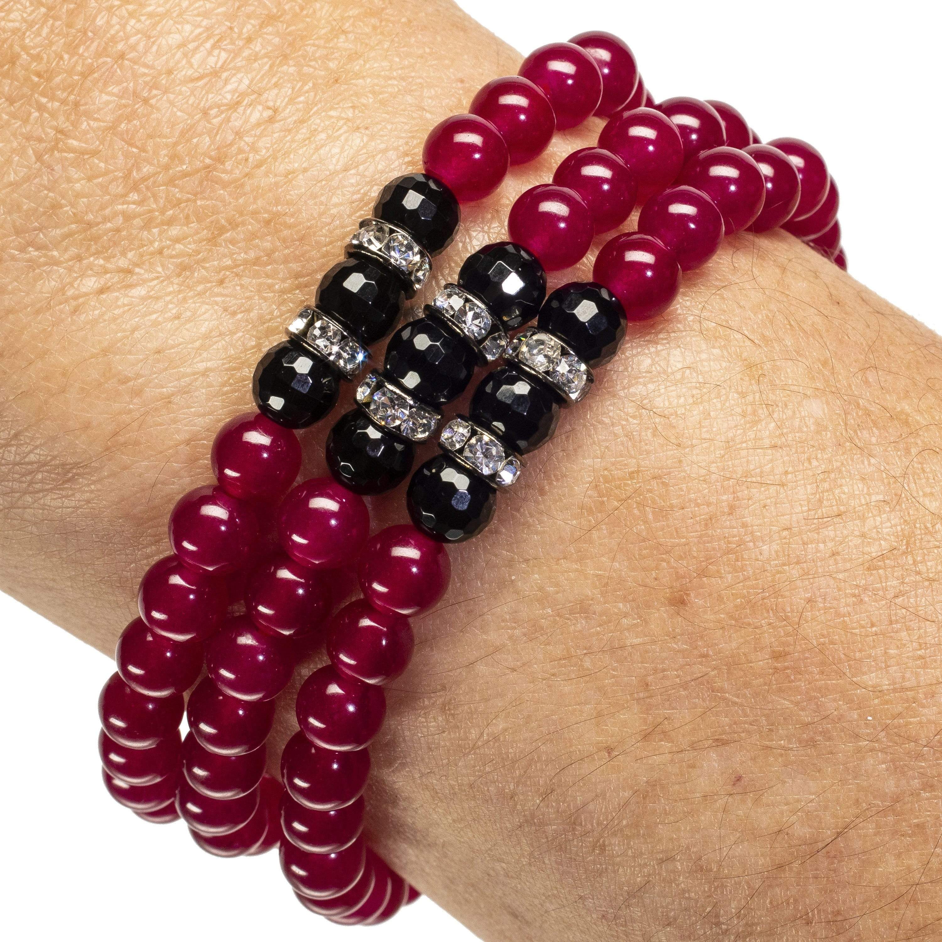 Kalifano Gemstone Bracelets Fuchsia Agate 6mm Beads with Black Agate and Crystal Accent Beads Triple Wrap Elastic Gemstone Bracelet WHITE-BGI3-023