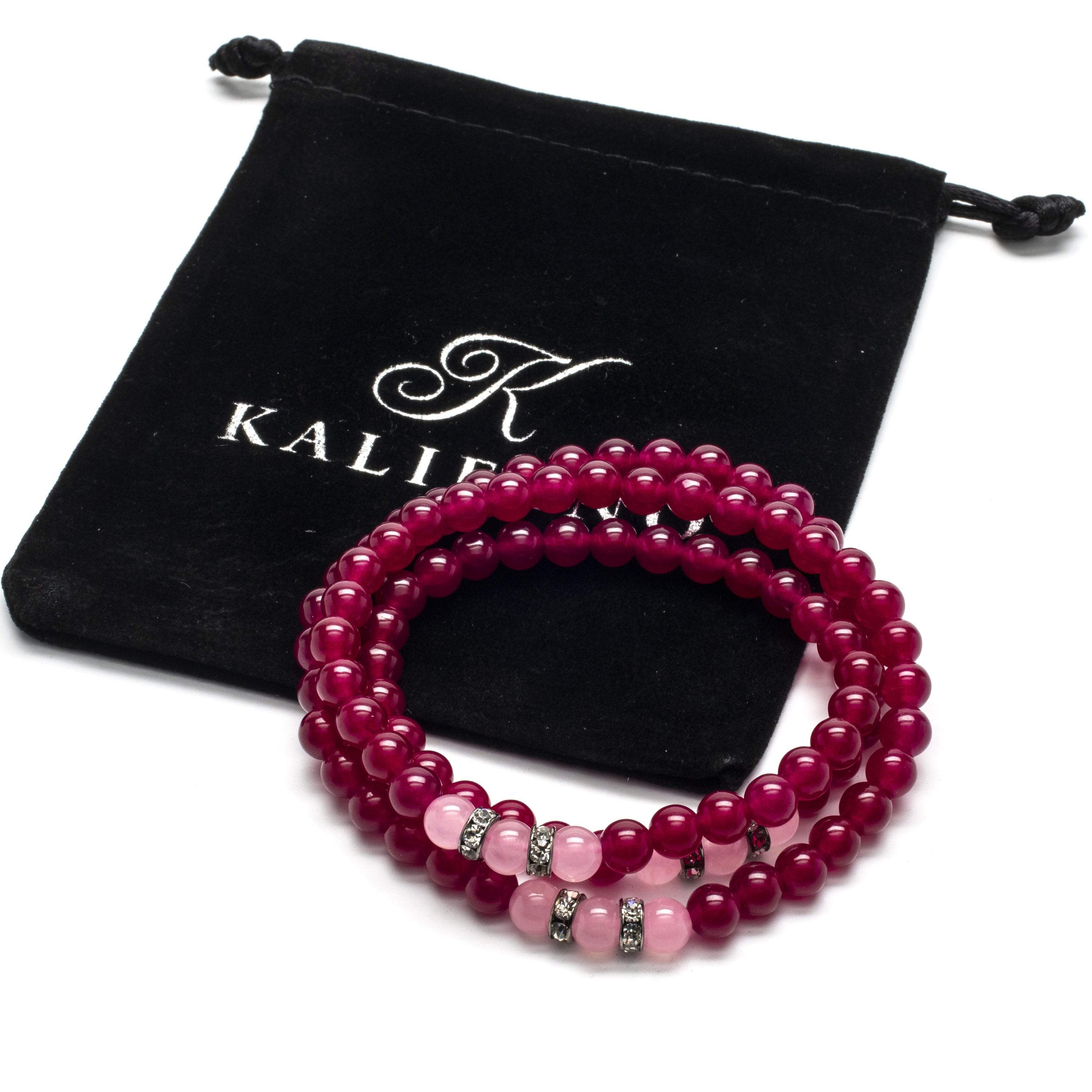 Kalifano Gemstone Bracelets Fuchsia Agate 6mm Beads with Pink Agate and Crystal Accent Beads Triple Wrap Elastic Gemstone Bracelet WHITE-BGI3-024