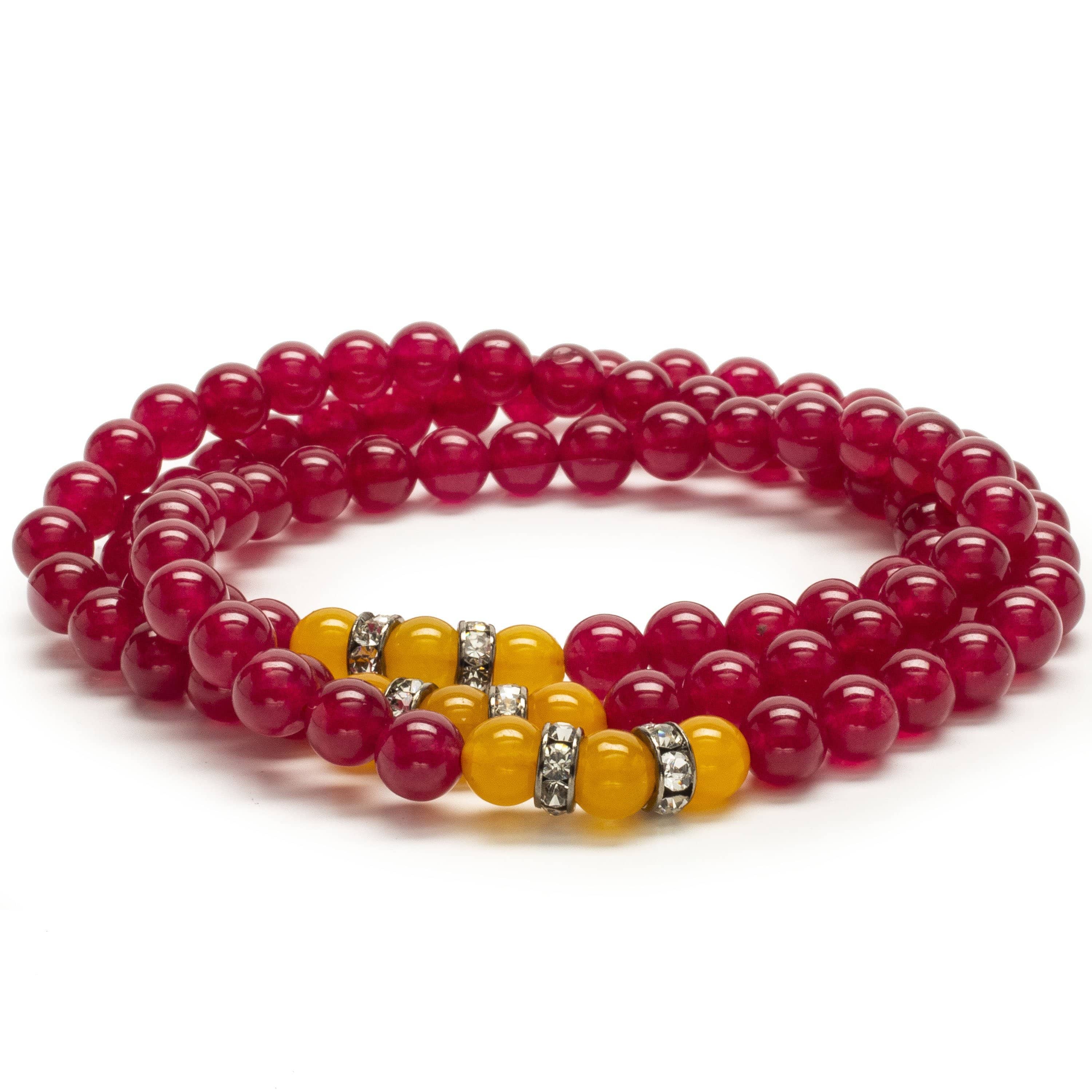 Kalifano Gemstone Bracelets Fuchsia Agate 6mm Beads with Yellow Agate and Crystal Accent Beads Triple Wrap Elastic Gemstone Bracelet WHITE-BGI3-032