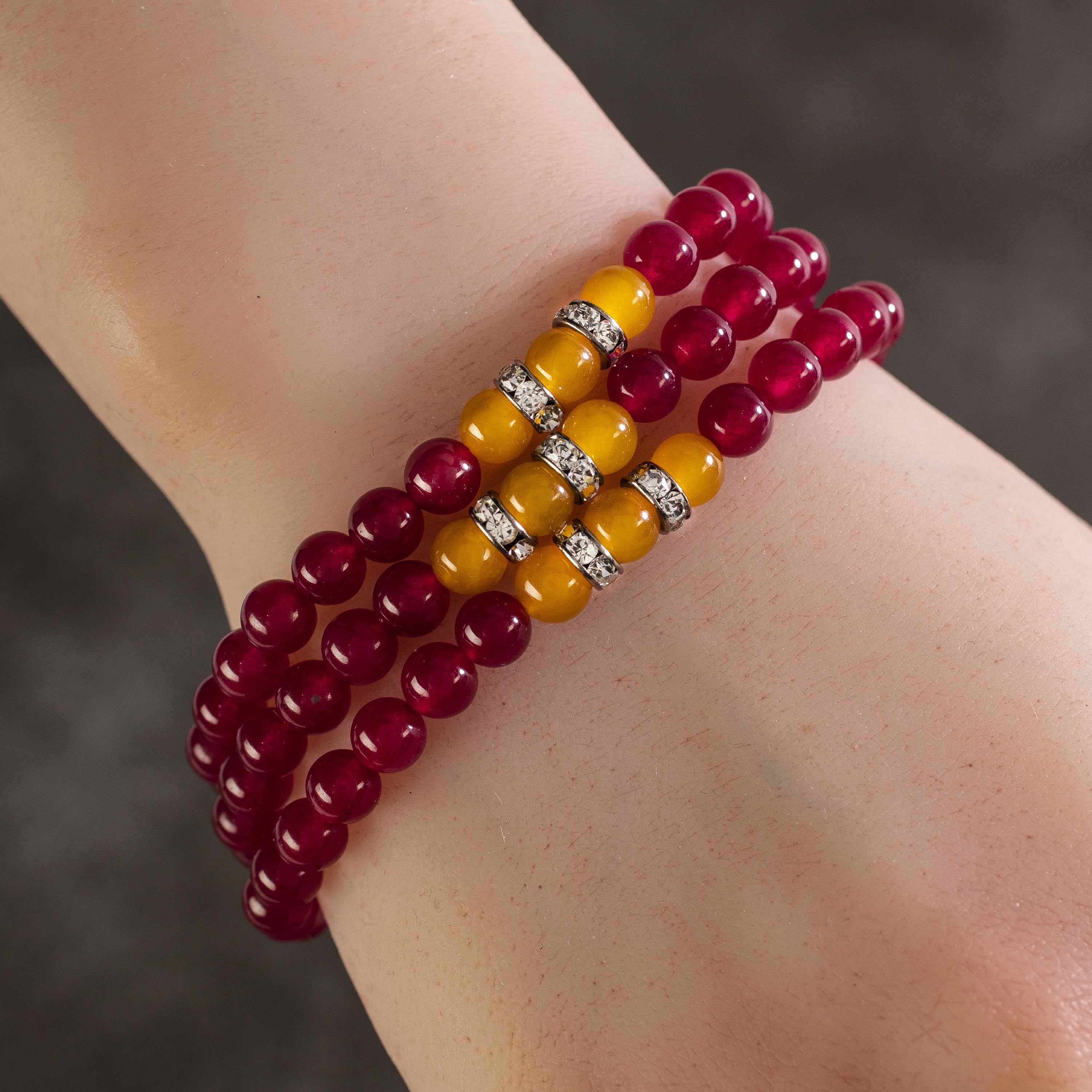 Kalifano Gemstone Bracelets Fuchsia Agate 6mm Beads with Yellow Agate and Crystal Accent Beads Triple Wrap Elastic Gemstone Bracelet WHITE-BGI3-032