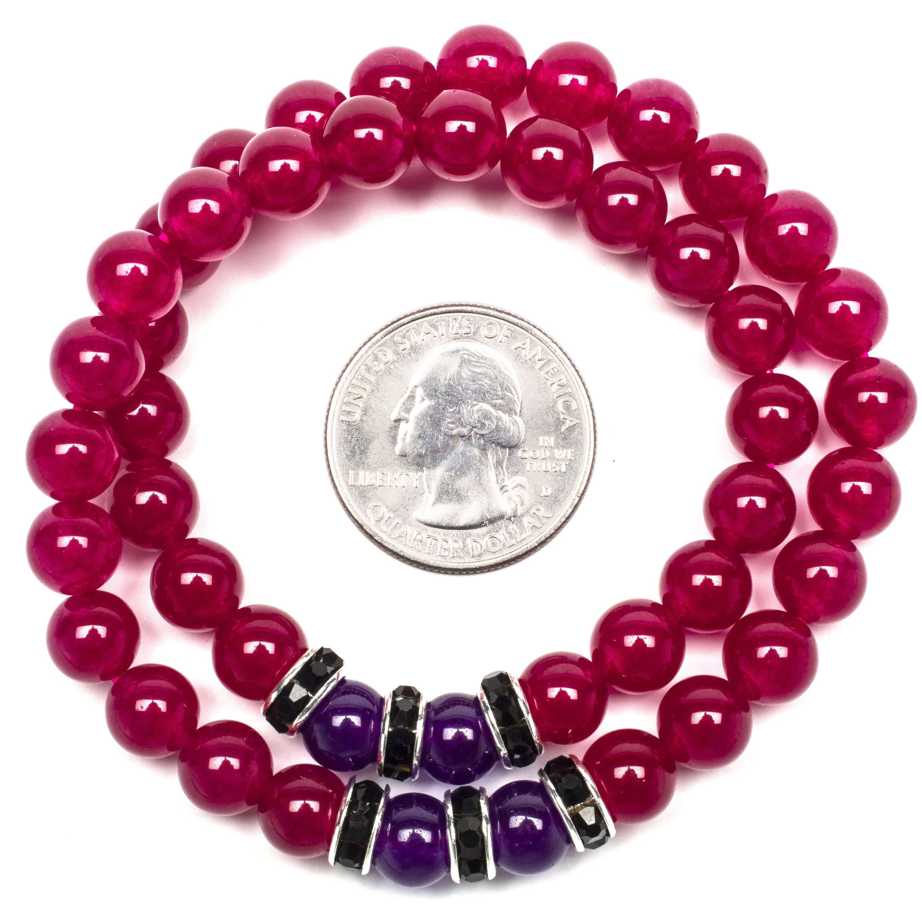 Kalifano Gemstone Bracelets Fuchsia Agate 8mm Beads with Amethyst and Black and Silver Accent Beads Double Wrap Elastic Gemstone Bracelet WHITE-BGI2-036