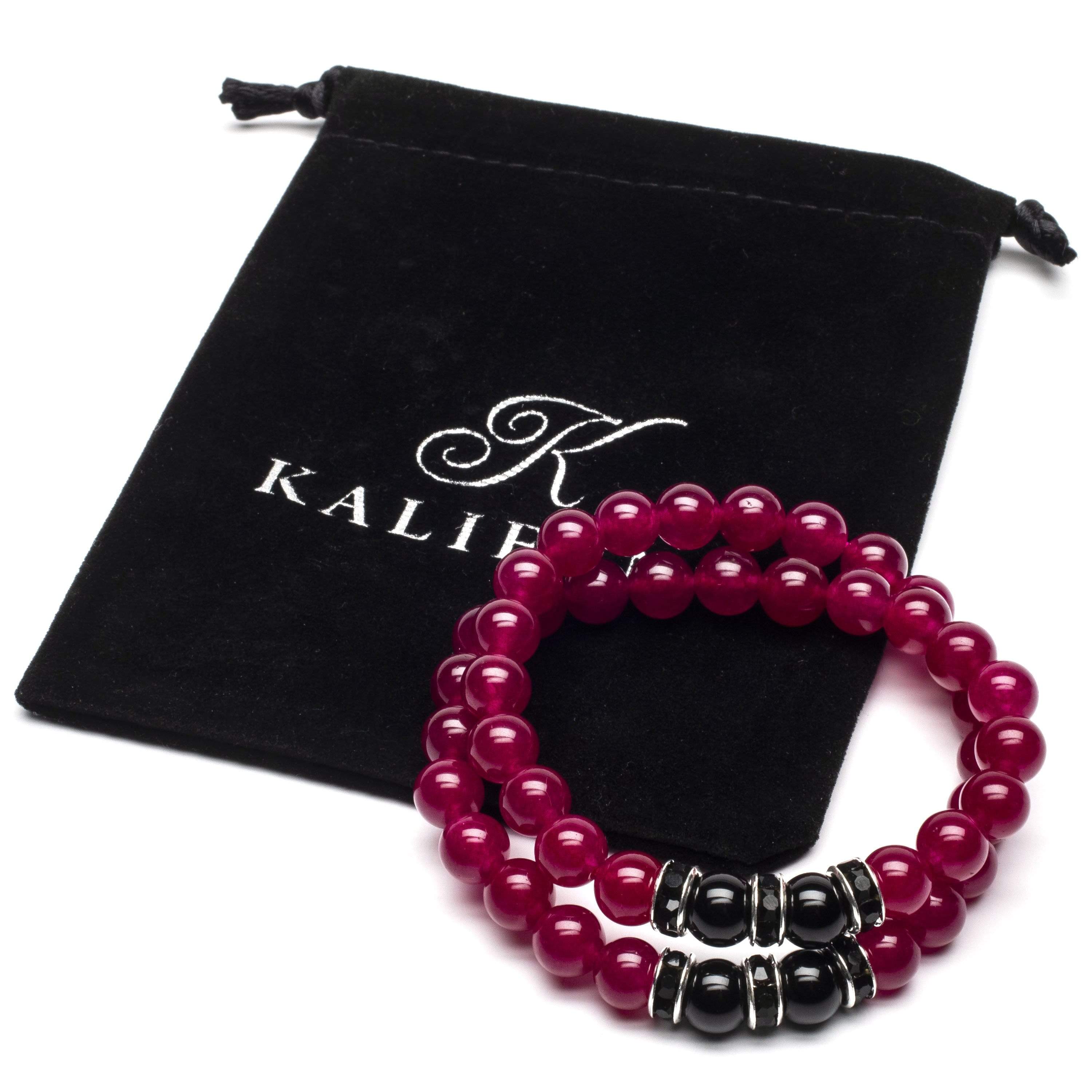 Kalifano Gemstone Bracelets Fuchsia Agate 8mm Beads with Black Agate and Black and Silver Accent Beads Double Wrap Elastic Gemstone Bracelet WHITE-BGI2-017