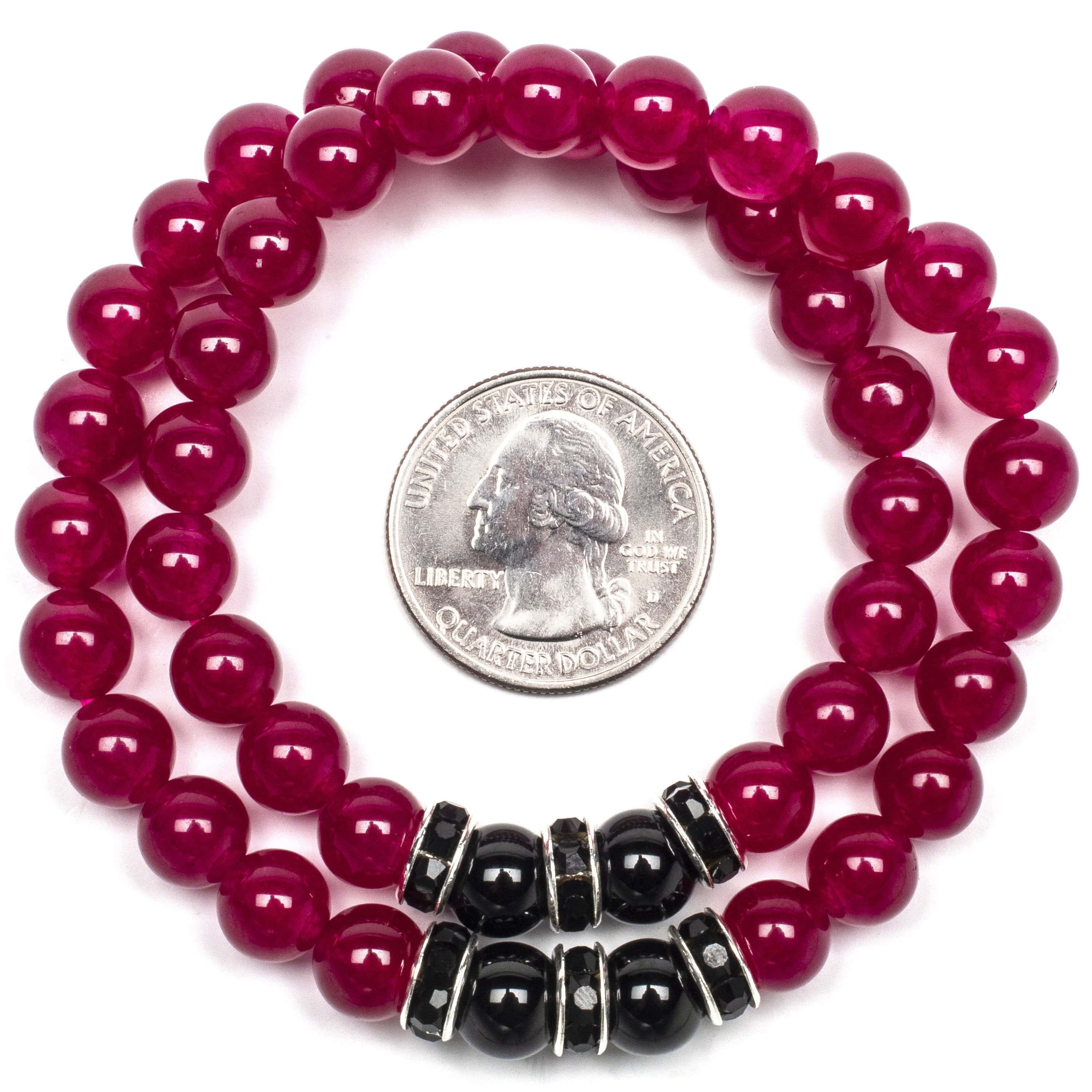 Kalifano Gemstone Bracelets Fuchsia Agate 8mm Beads with Black Agate and Black and Silver Accent Beads Double Wrap Elastic Gemstone Bracelet WHITE-BGI2-017