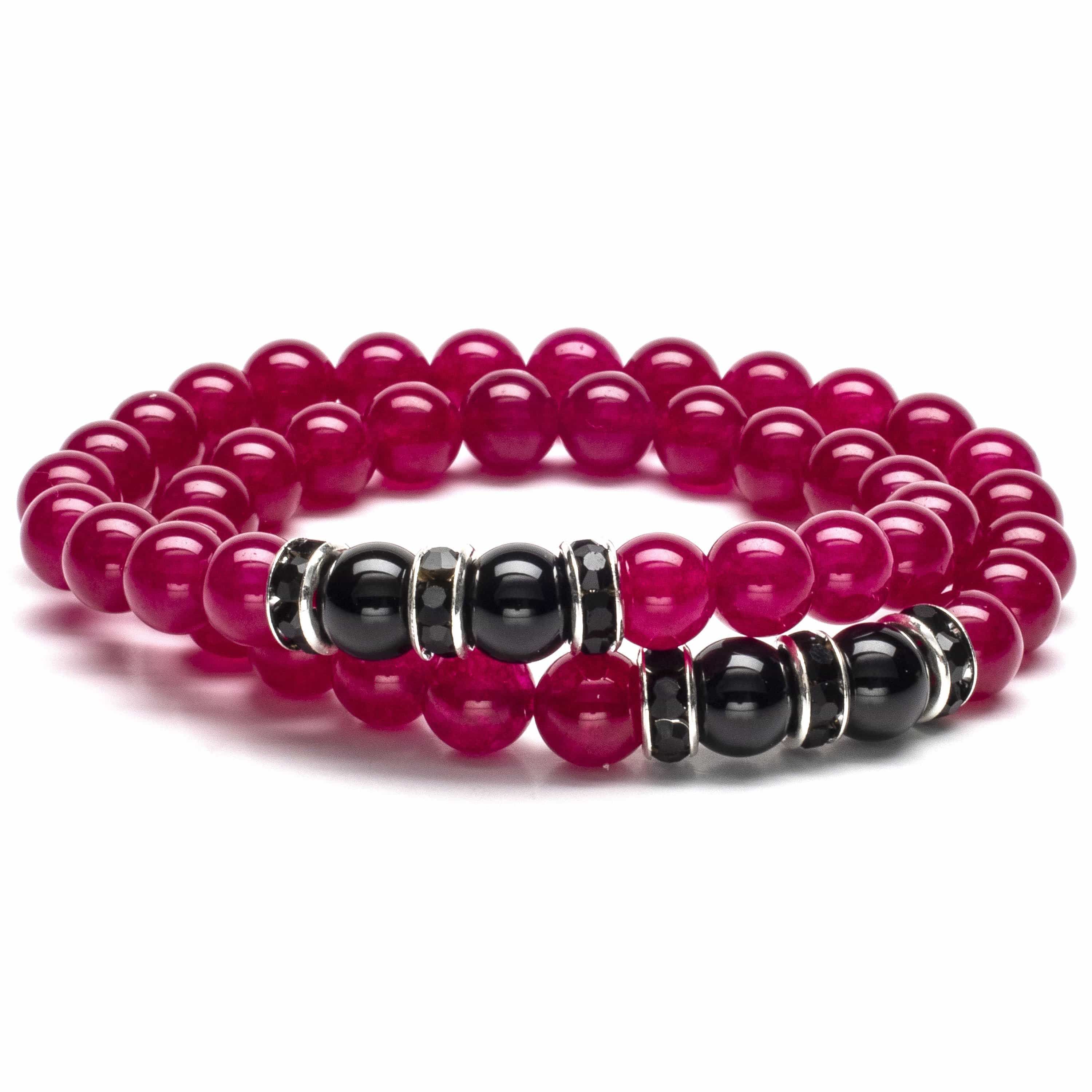 Kalifano Gemstone Bracelets Fuchsia Agate 8mm Beads with Black Agate and Black and Silver Accent Beads Double Wrap Elastic Gemstone Bracelet WHITE-BGI2-017