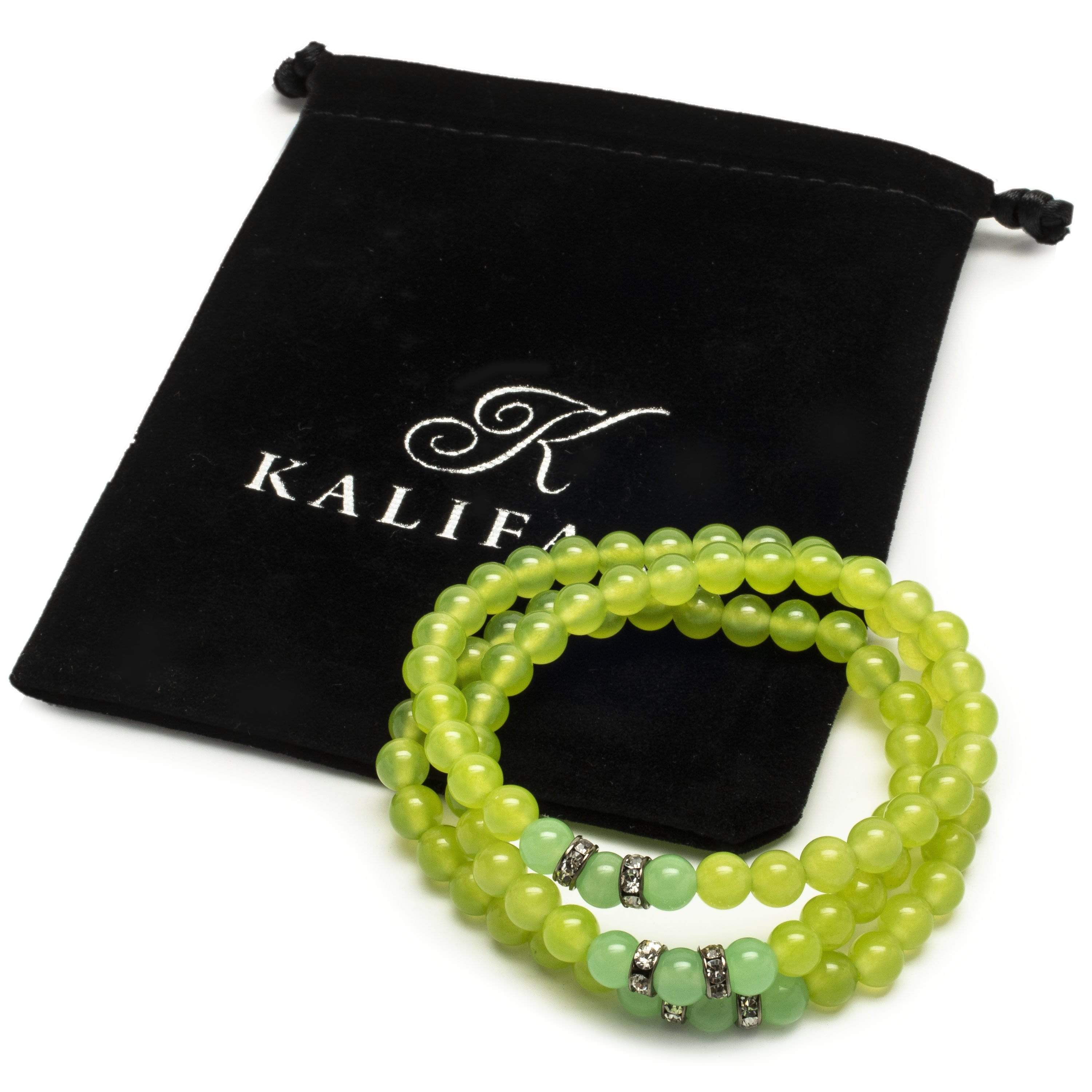 Kalifano Gemstone Bracelets Green Agate 6mm Beads with Aventurine and Crystal Accent Beads Triple Wrap Elastic Gemstone Bracelet WHITE-BGI3-052