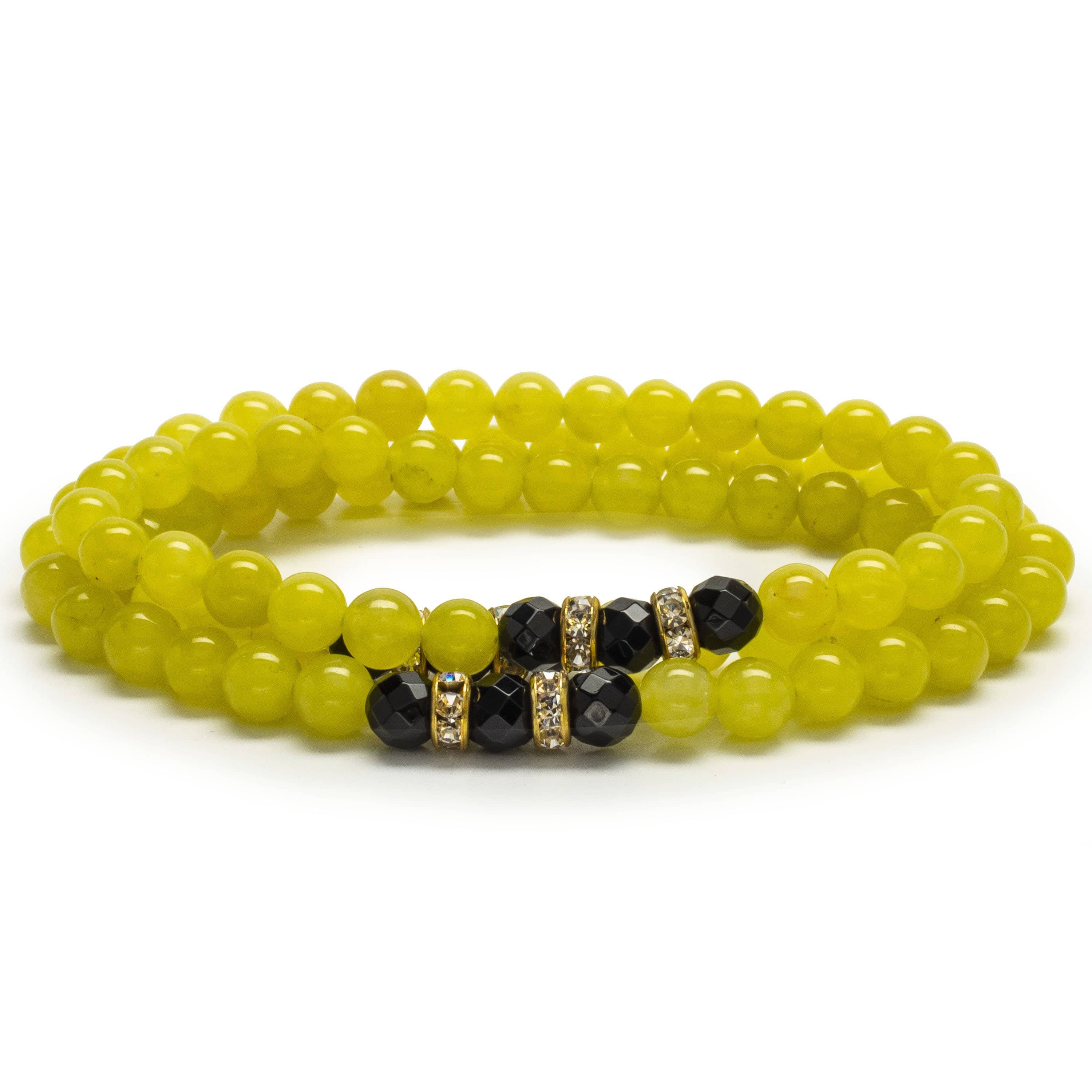 Kalifano Gemstone Bracelets Green Agate 6mm Beads with Black Agate and Gold Color Crystal Accent Beads Triple Wrap Elastic Gemstone Bracelet WHITE-BGI3-057