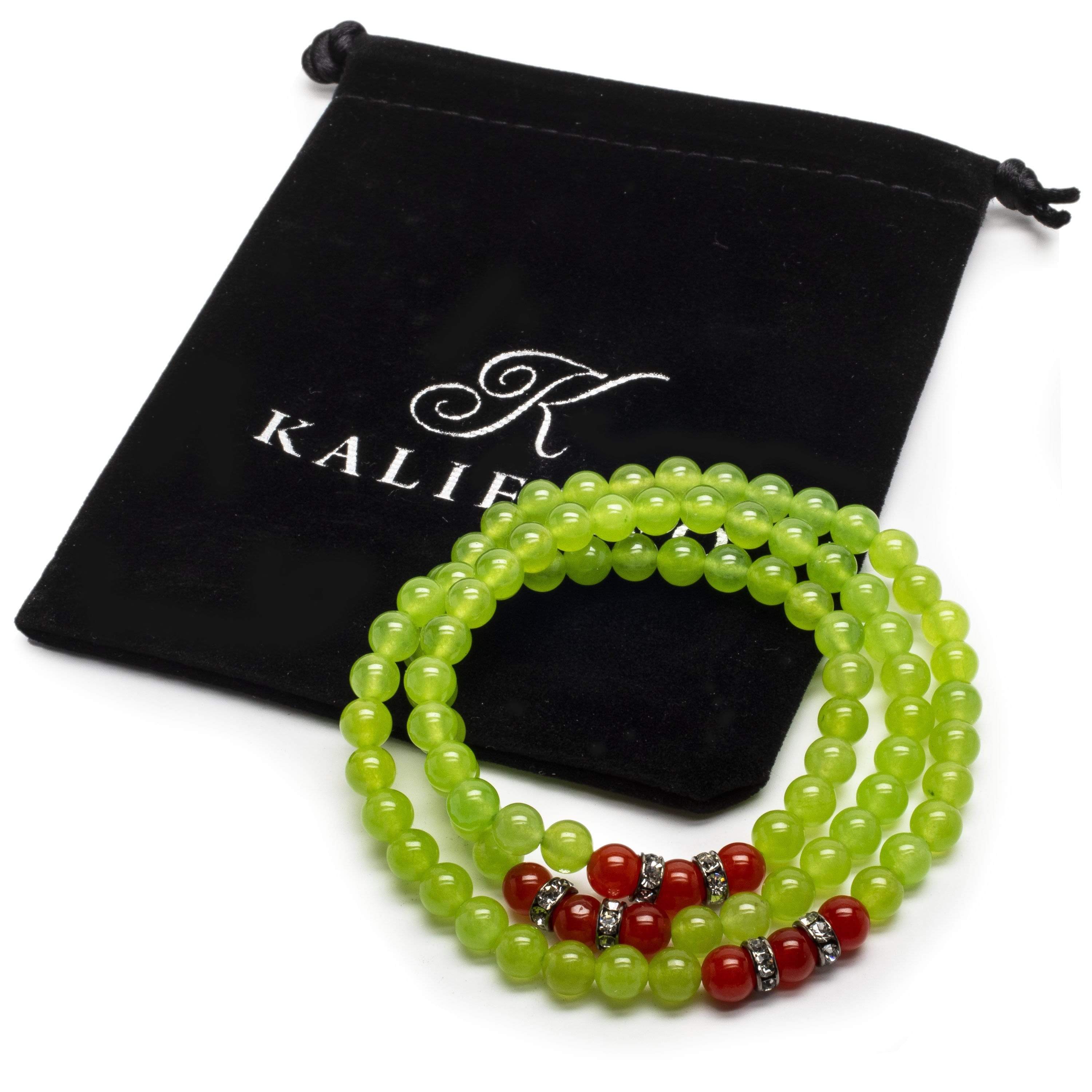 Kalifano Gemstone Bracelets Green Agate 6mm Beads with Carnelian and Crystal Accent Beads Triple Wrap Elastic Gemstone Bracelet WHITE-BGI3-046