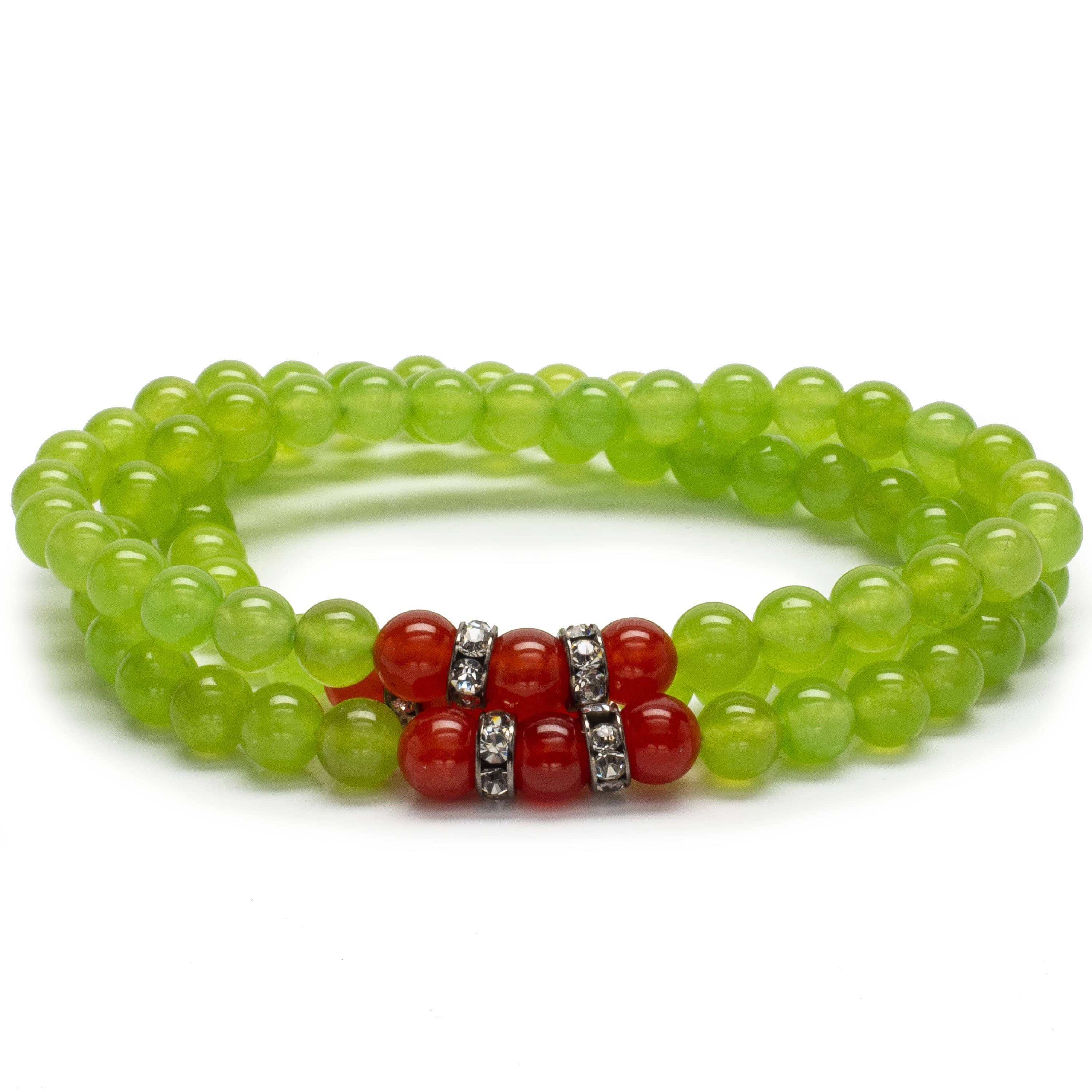 Kalifano Gemstone Bracelets Green Agate 6mm Beads with Carnelian and Crystal Accent Beads Triple Wrap Elastic Gemstone Bracelet WHITE-BGI3-046