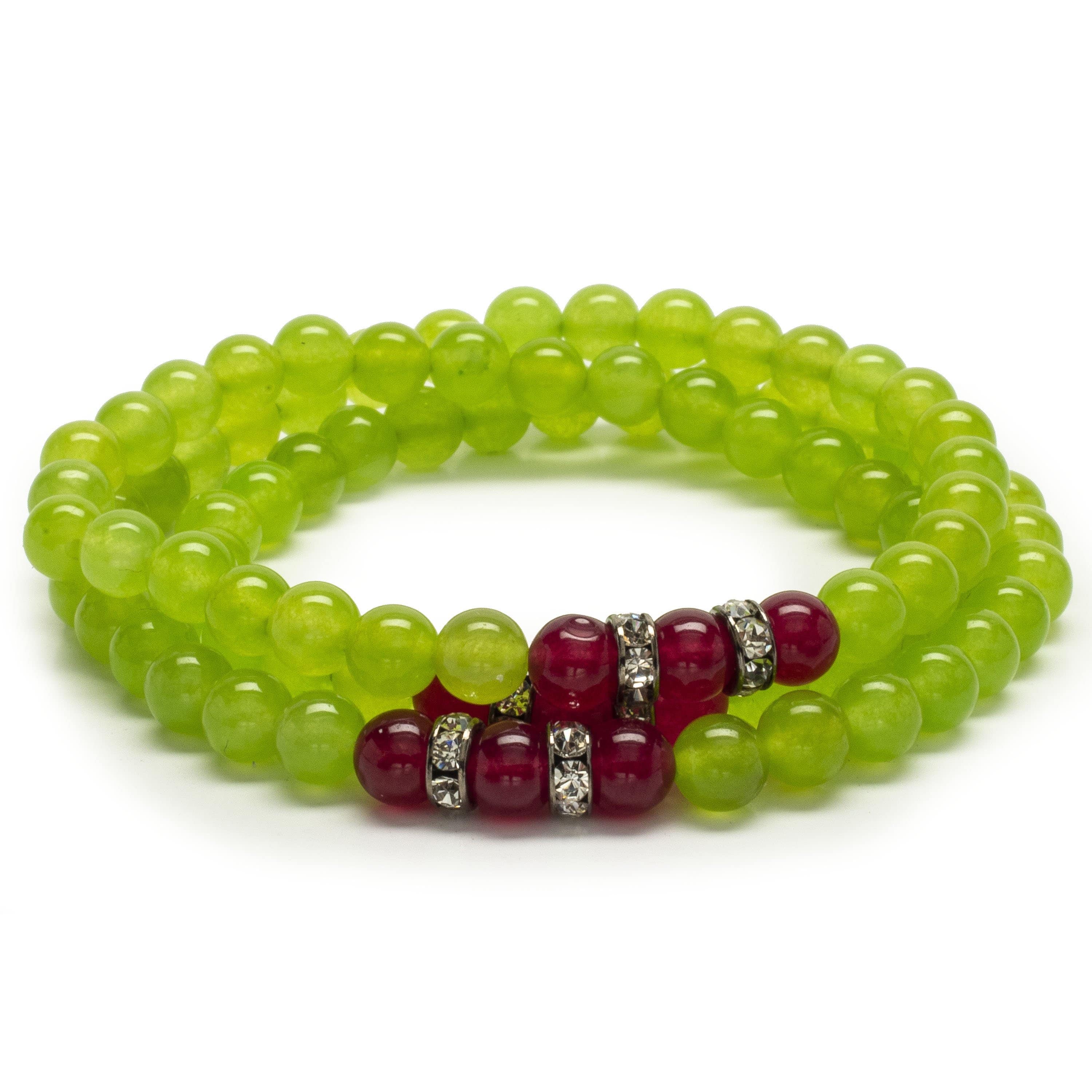 Kalifano Gemstone Bracelets Green Agate 6mm Beads with Fuchsia Agate and Crystal Accent Beads Triple Wrap Elastic Gemstone Bracelet WHITE-BGI3-048