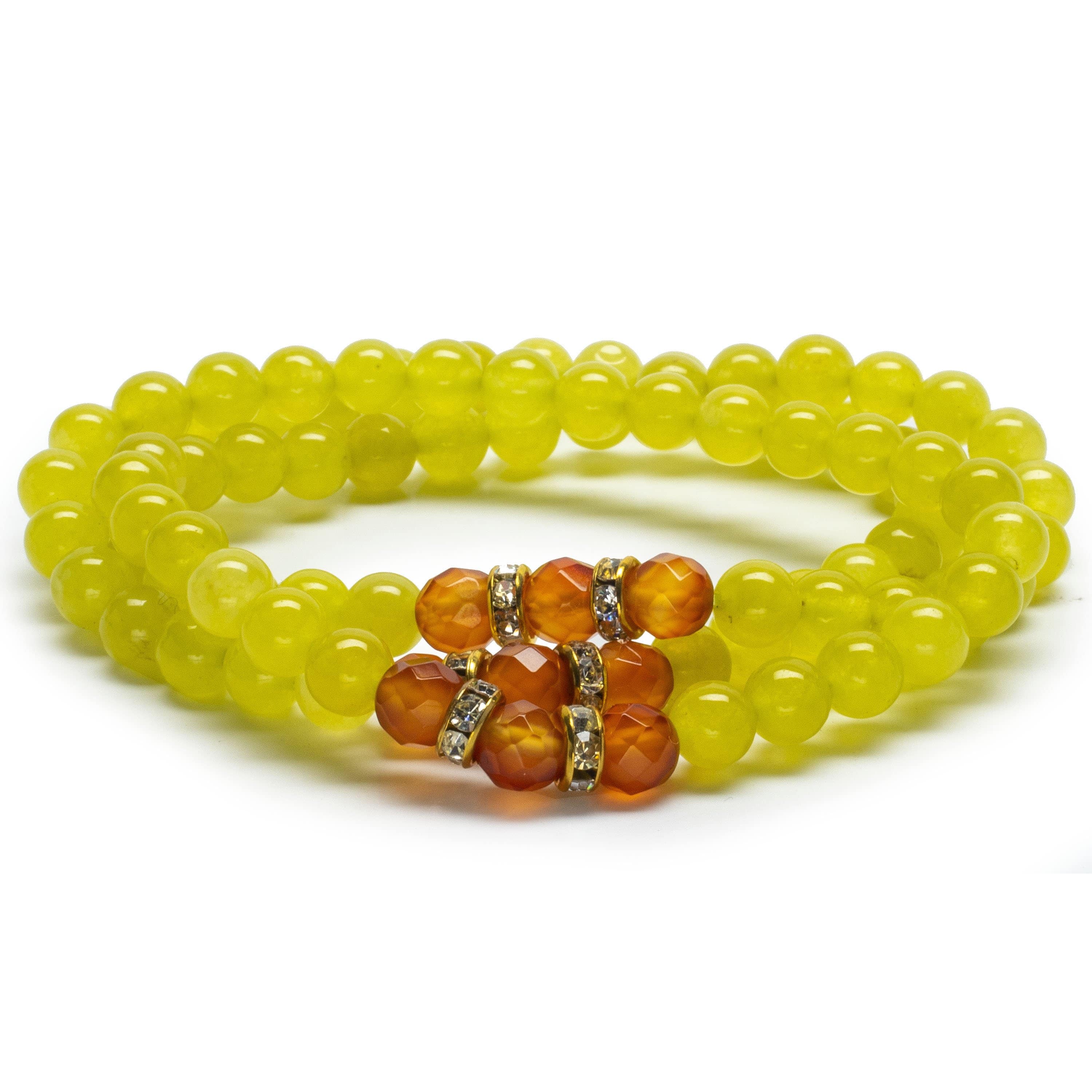 Kalifano Gemstone Bracelets Green Agate 6mm Beads with Orange Agate and Gold Color Crystal Accent Beads Triple Wrap Elastic Gemstone Bracelet WHITE-BGI3-056