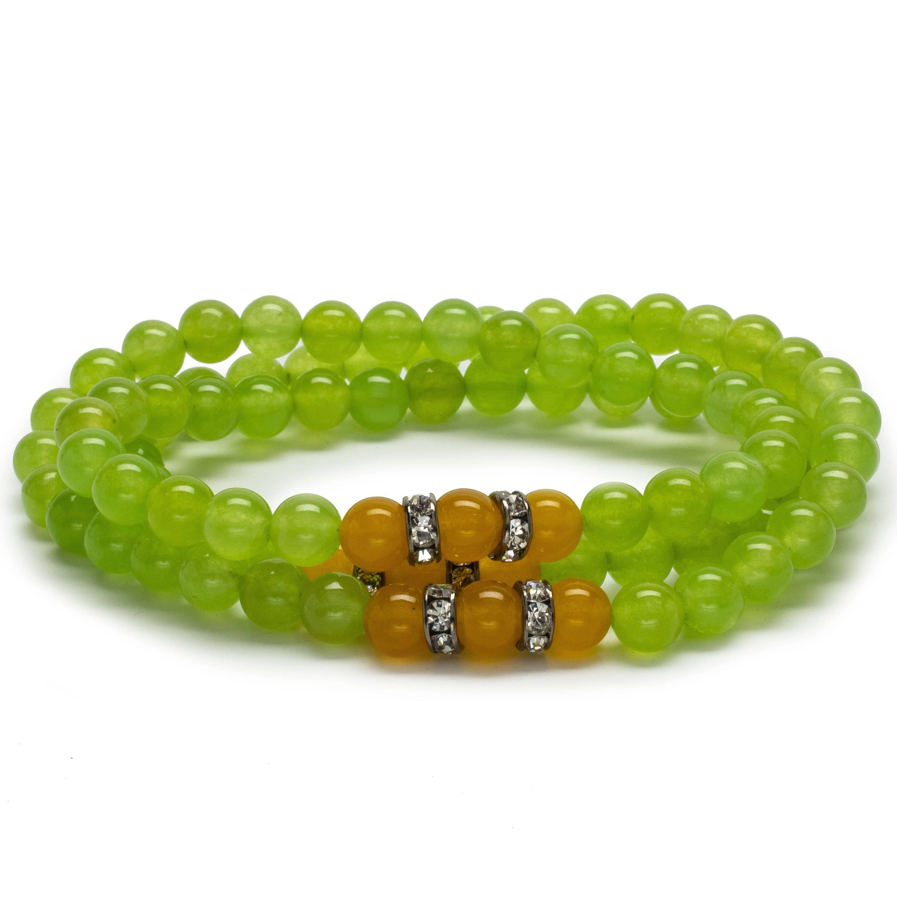 Kalifano Gemstone Bracelets Green Agate 6mm Beads with Yellow Agate and Crystal Accent Beads Triple Wrap Elastic Gemstone Bracelet WHITE-BGI3-045