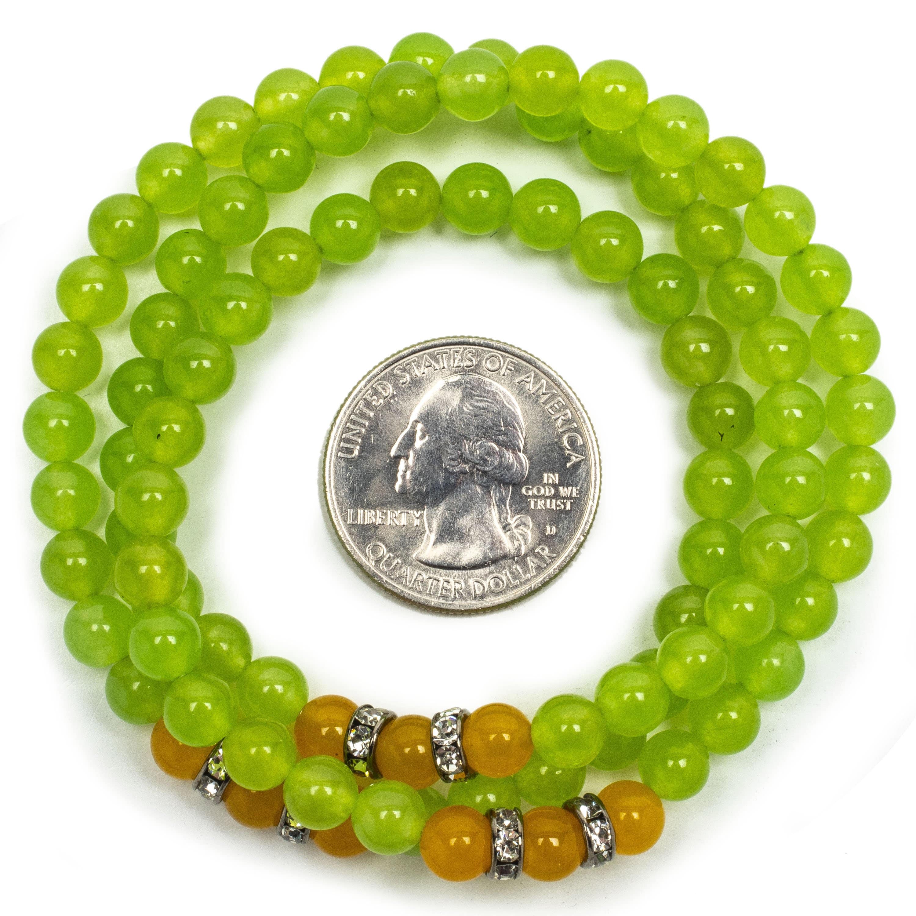 Kalifano Gemstone Bracelets Green Agate 6mm Beads with Yellow Agate and Crystal Accent Beads Triple Wrap Elastic Gemstone Bracelet WHITE-BGI3-045