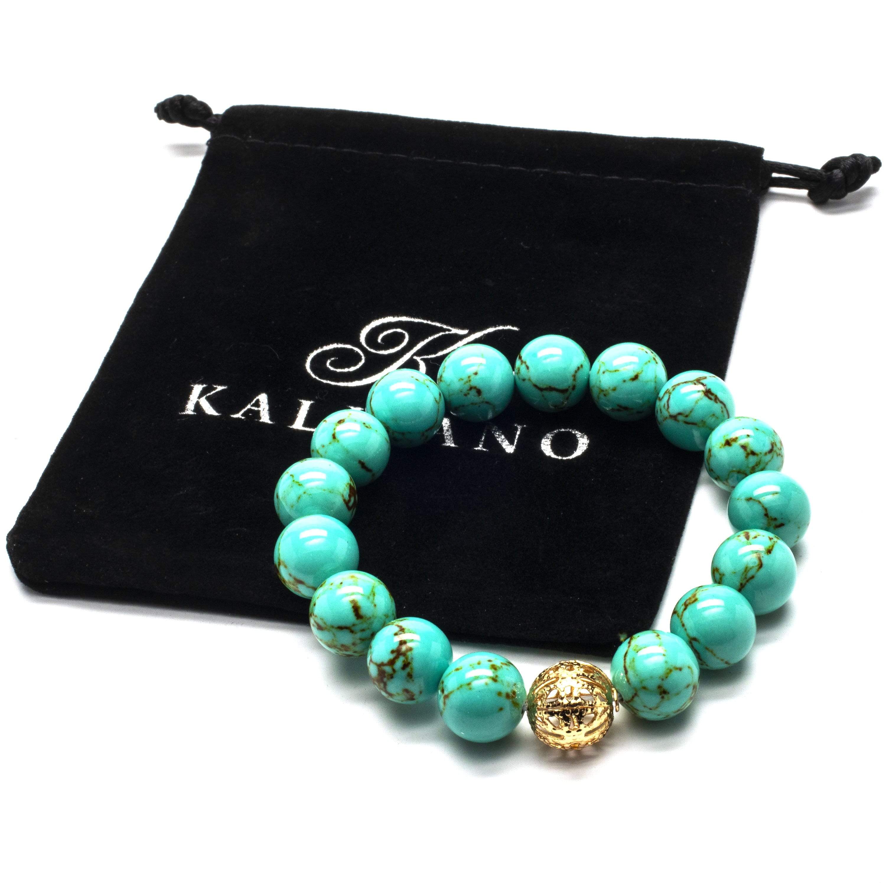 Kalifano Gemstone Bracelets Howlite Turquoise 12mm Gemstone Bead Elastic Braceletwith Gold Accent Bead RED-BGP-054