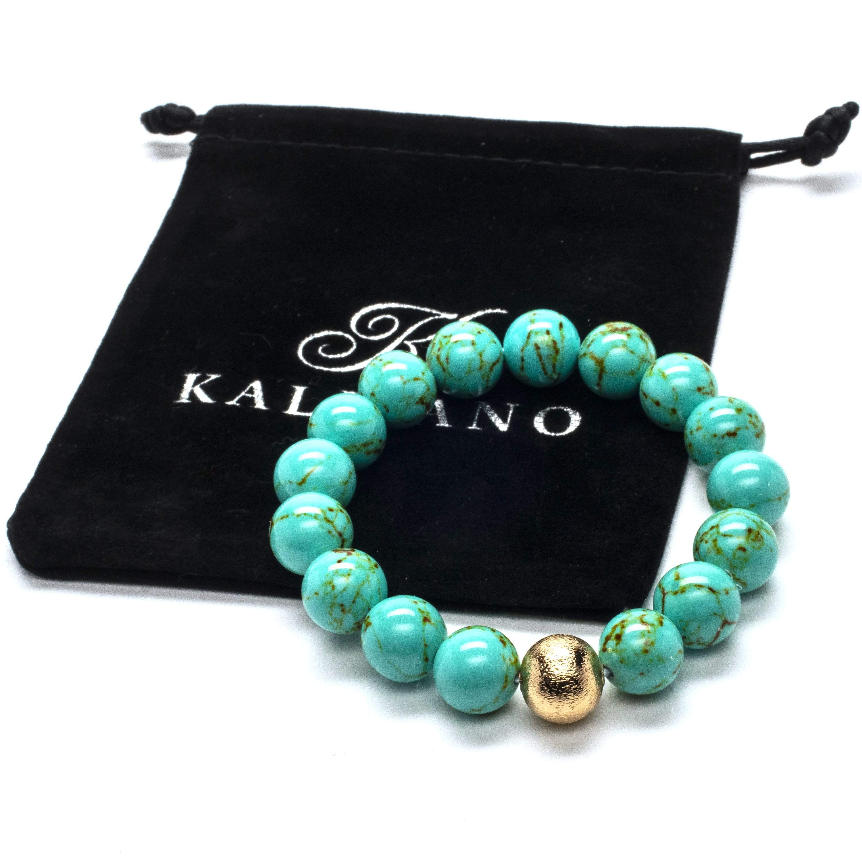 Kalifano Gemstone Bracelets Howlite Turquoise 12mm Gemstone Bead Elastic Braceletwith Gold Accent Bead RED-BGP-056