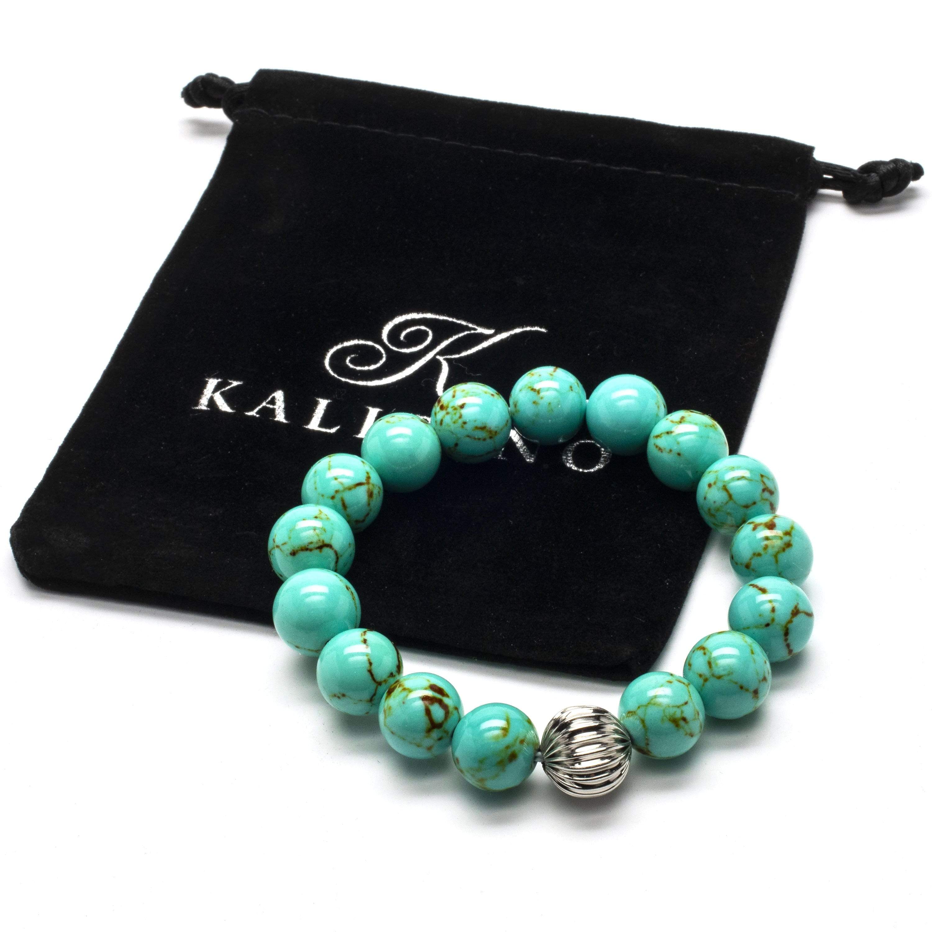 Kalifano Gemstone Bracelets Howlite Turquoise 12mm Gemstone Bead Elastic Braceletwith Silver Accent Bead RED-BGP-050