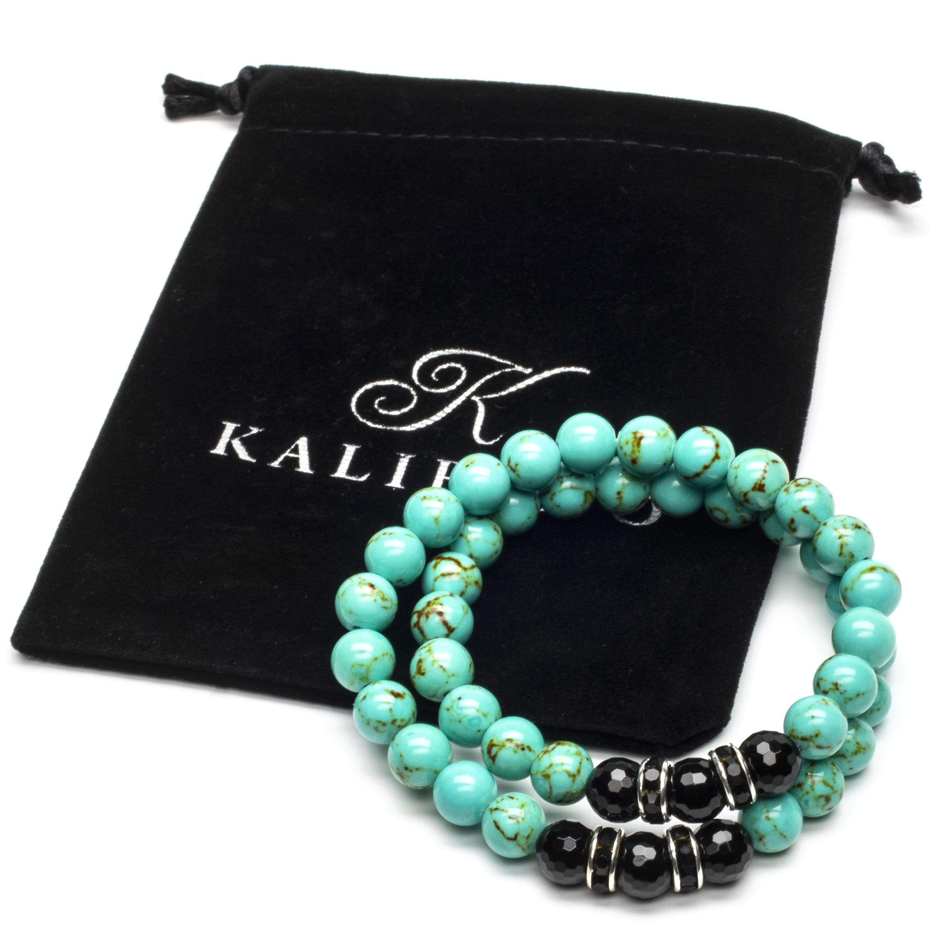 Kalifano Gemstone Bracelets Howlite Turquoise 8mm Beads with Black Agate and Black & Silver Accent Beads Double Wrap Elastic Gemstone Bracelet WHITE-BGI2-001