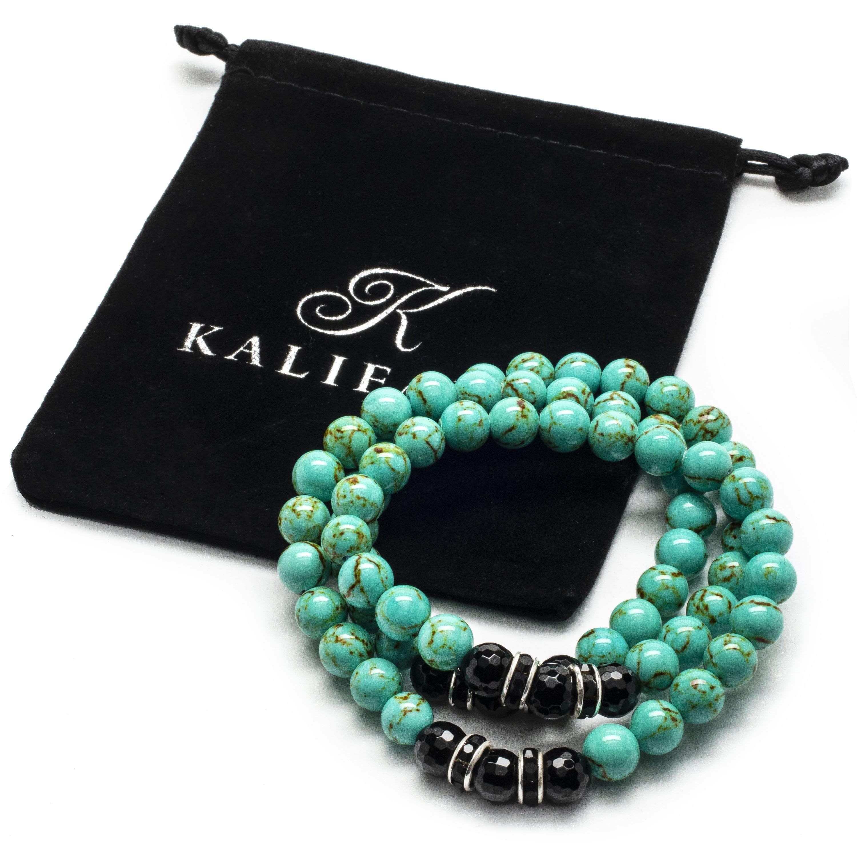 Kalifano Gemstone Bracelets Howlite Turquoise 8mm Beads with Black Agate and Black & Silver Accent Beads Triple Wrap Elastic Gemstone Bracelet WHITE-BGI3-066