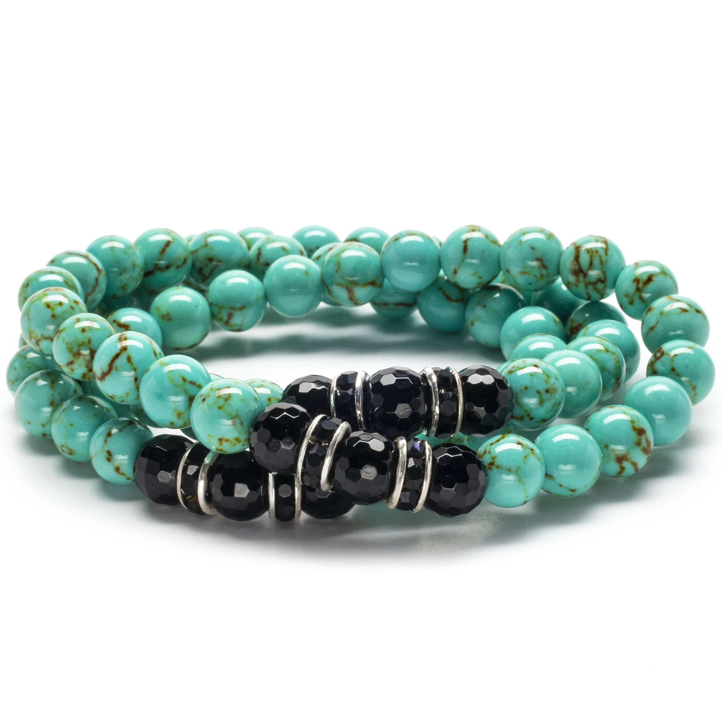 Kalifano Gemstone Bracelets Howlite Turquoise 8mm Beads with Black Agate and Black & Silver Accent Beads Triple Wrap Elastic Gemstone Bracelet WHITE-BGI3-066