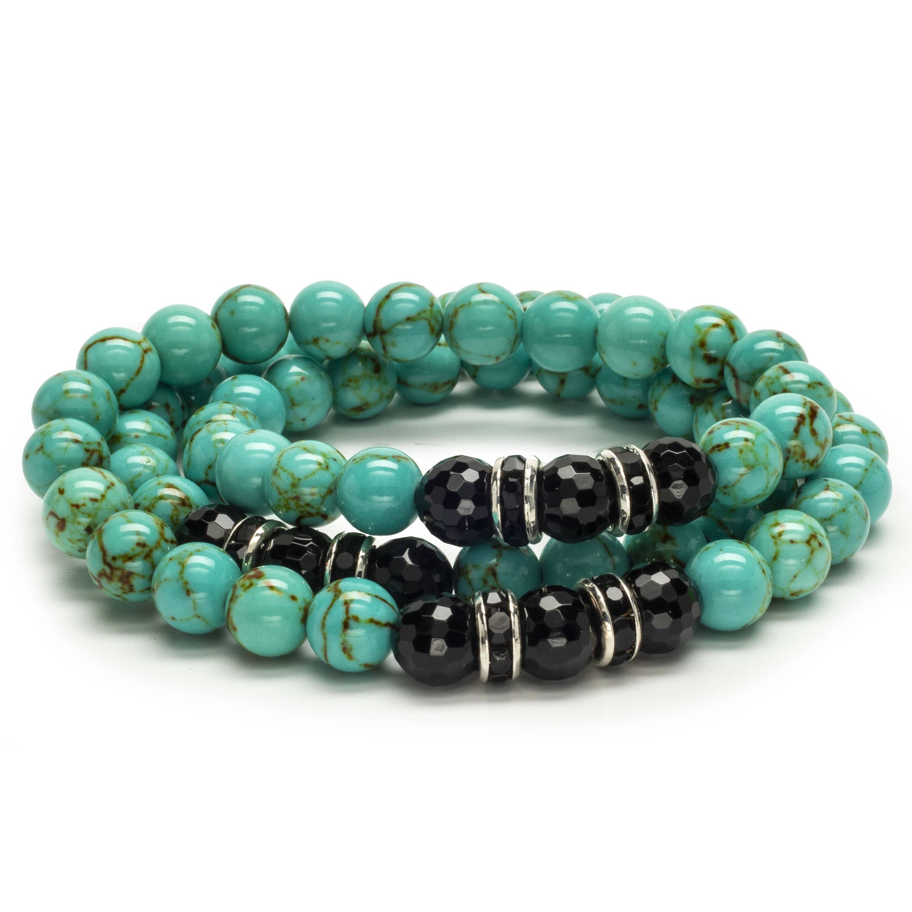 Kalifano Gemstone Bracelets Howlite Turquoise 8mm Beads with Black Agate and Black & Silver Accent Beads Triple Wrap Elastic Gemstone Bracelet WHITE-BGI3-066