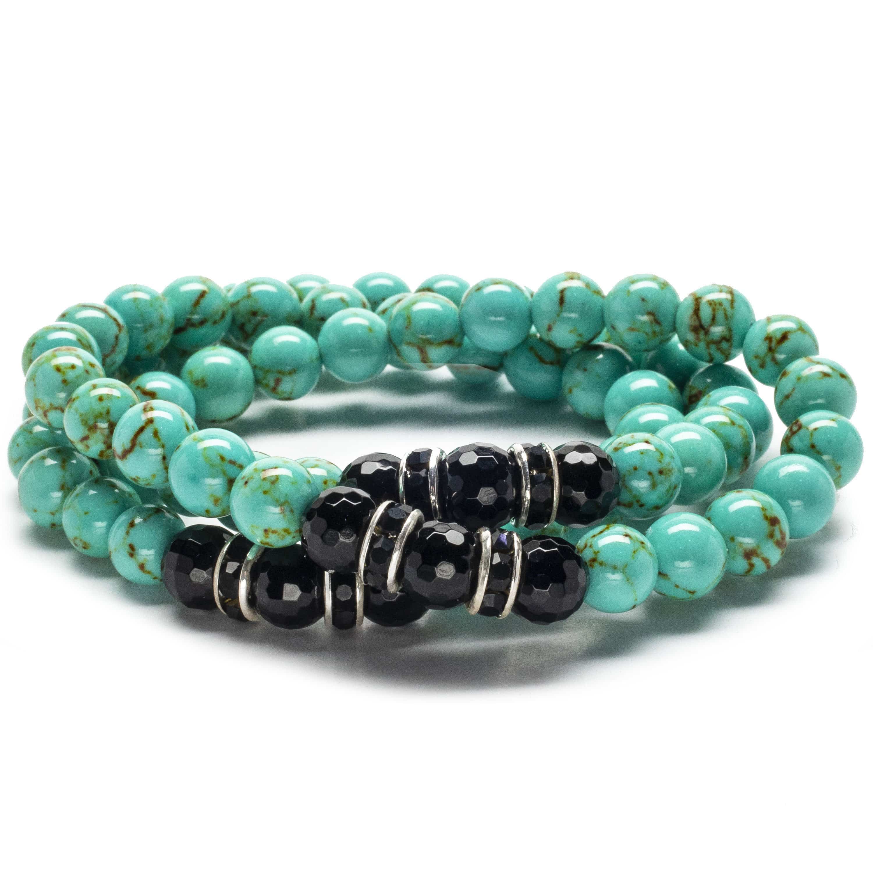 Kalifano Gemstone Bracelets Howlite Turquoise 8mm Beads with Black Agate and Crystal Accent Beads Triple Wrap Elastic Gemstone Bracelet WHITE-BGI3-014