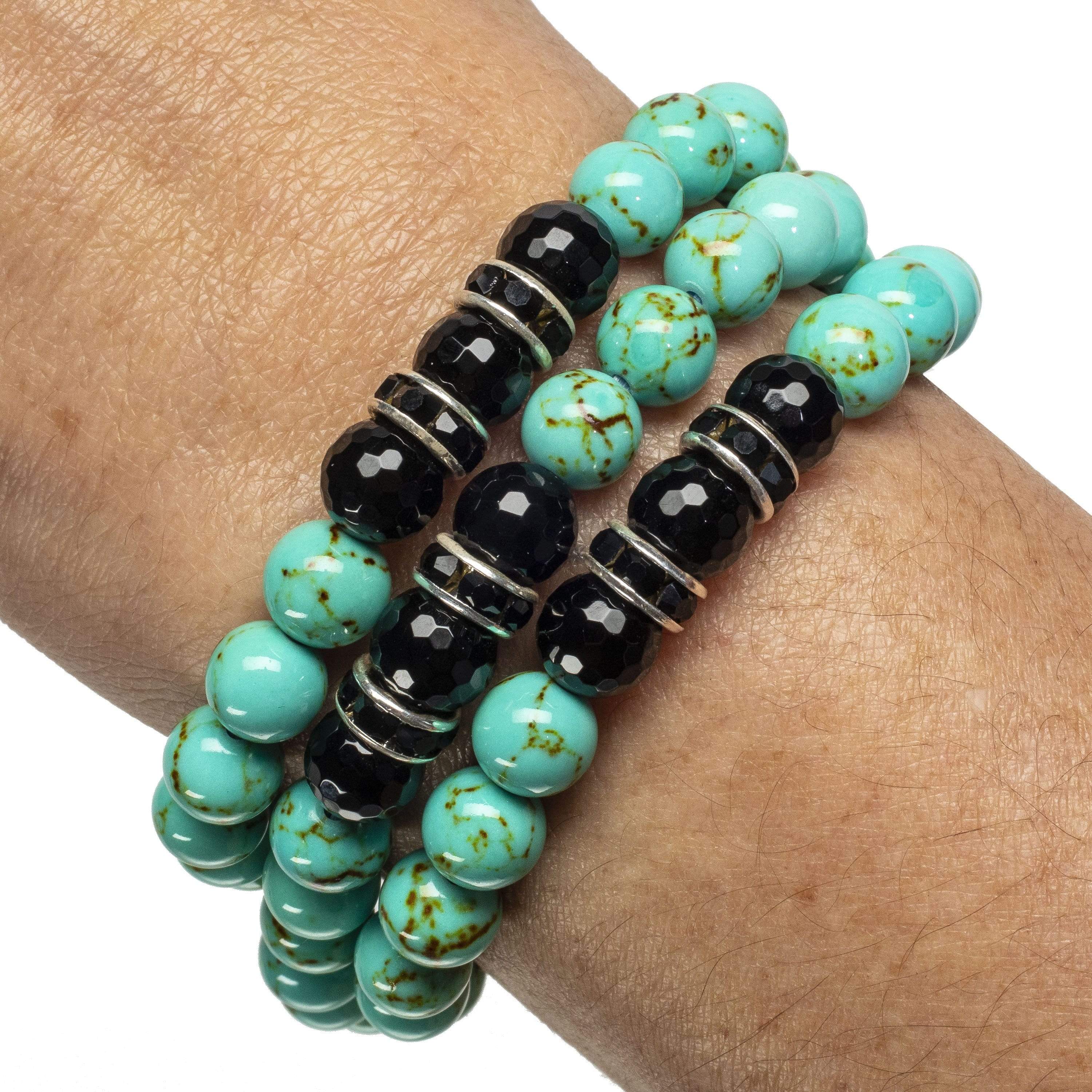 Kalifano Gemstone Bracelets Howlite Turquoise 8mm Beads with Black Agate and Crystal Accent Beads Triple Wrap Elastic Gemstone Bracelet WHITE-BGI3-014