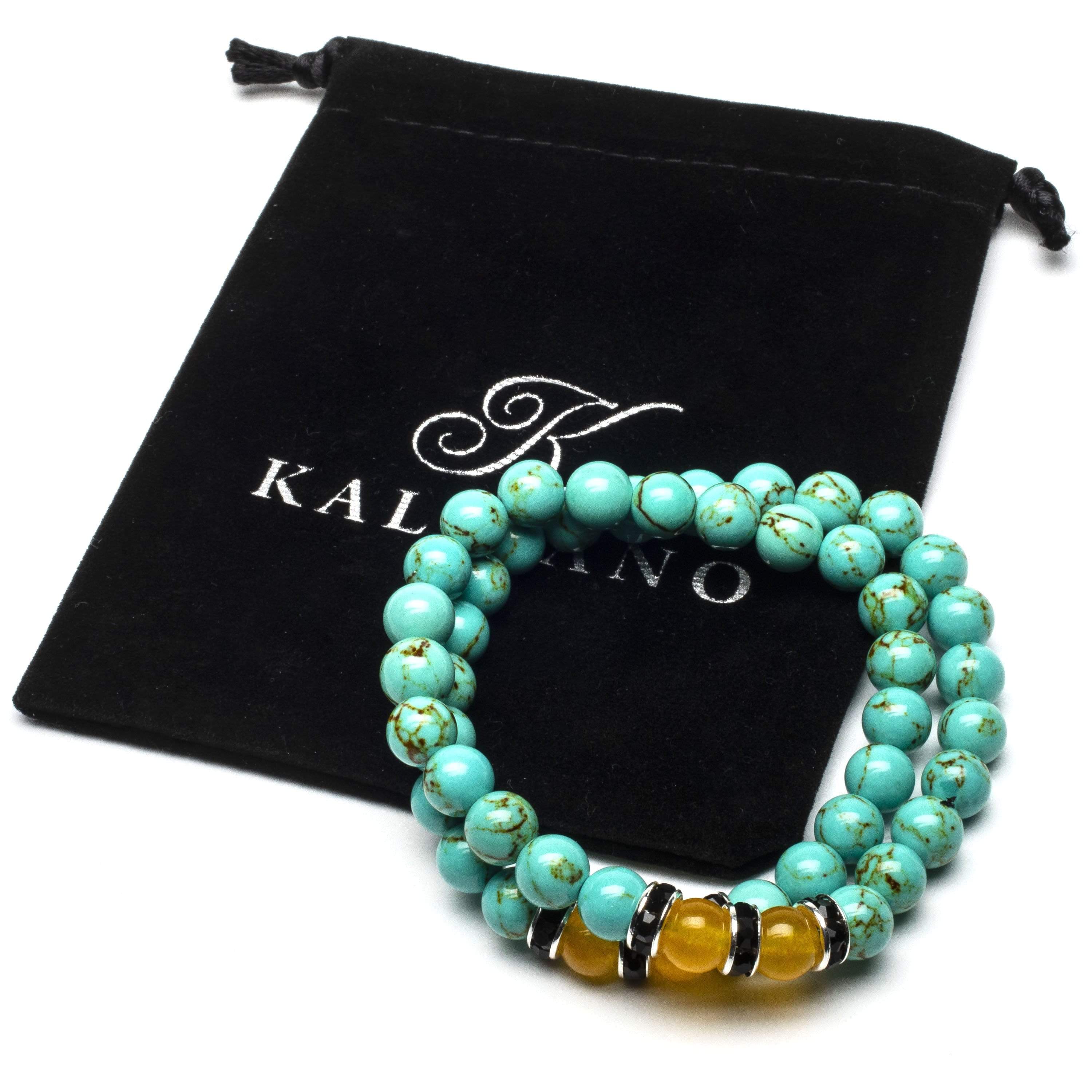 Kalifano Gemstone Bracelets Howlite Turquoise 8mm Beads with Yellow Agate and Black and Silver Accent Beads Double Wrap Elastic Gemstone Bracelet WHITE-BGI2-011