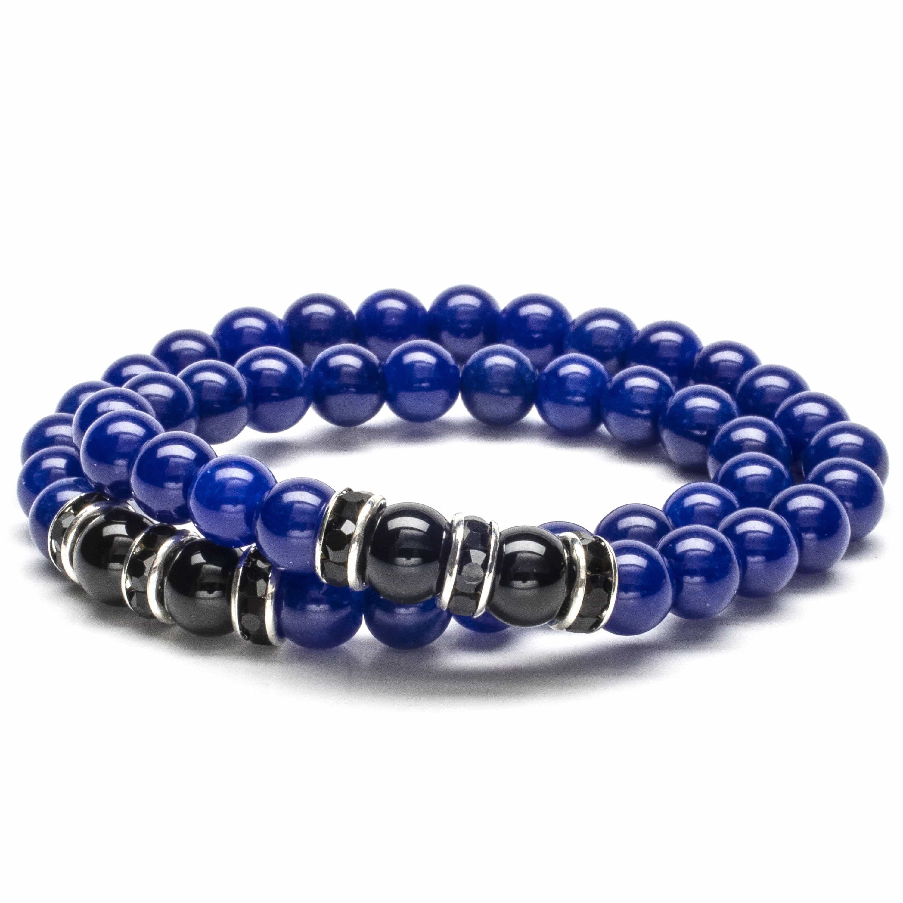 Kalifano Gemstone Bracelets Lapis 8mm Beads with Black Agate and Black & Silver Accent Beads Double Wrap Elastic Gemstone Bracelet WHITE-BGI2-013