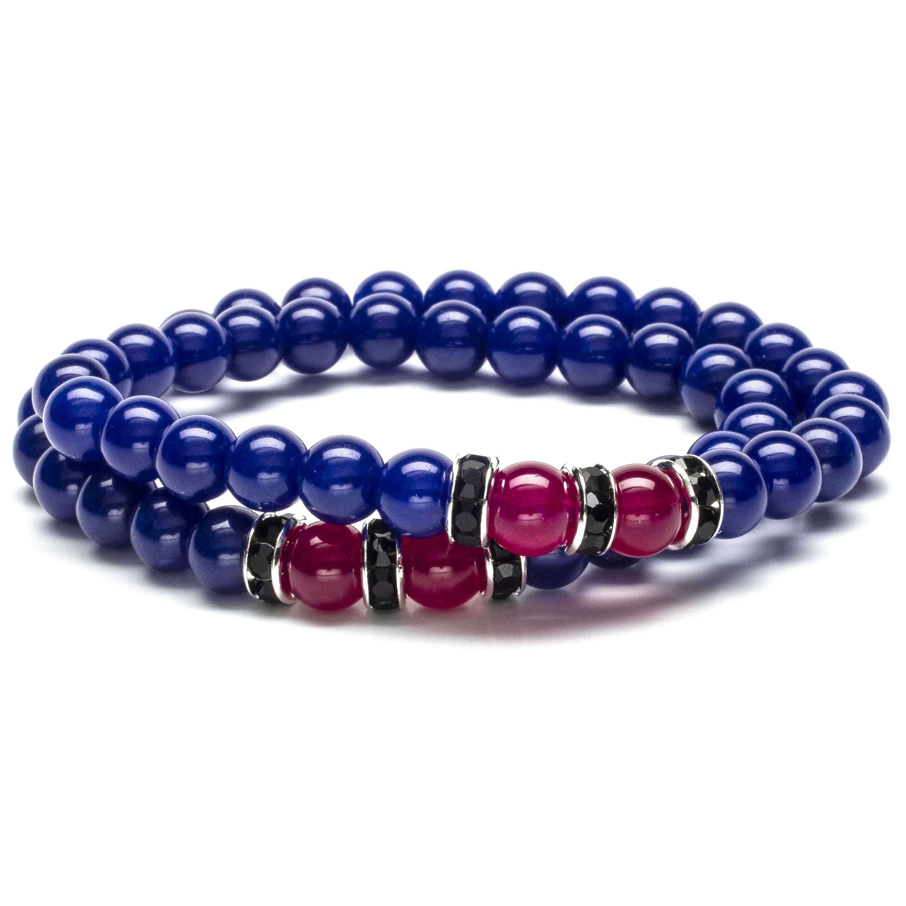 Kalifano Gemstone Bracelets Lapis 8mm Beads with Fuchsia Agate and Black and Silver Accent Beads Double Wrap Elastic Gemstone Bracelet WHITE-BGI2-012