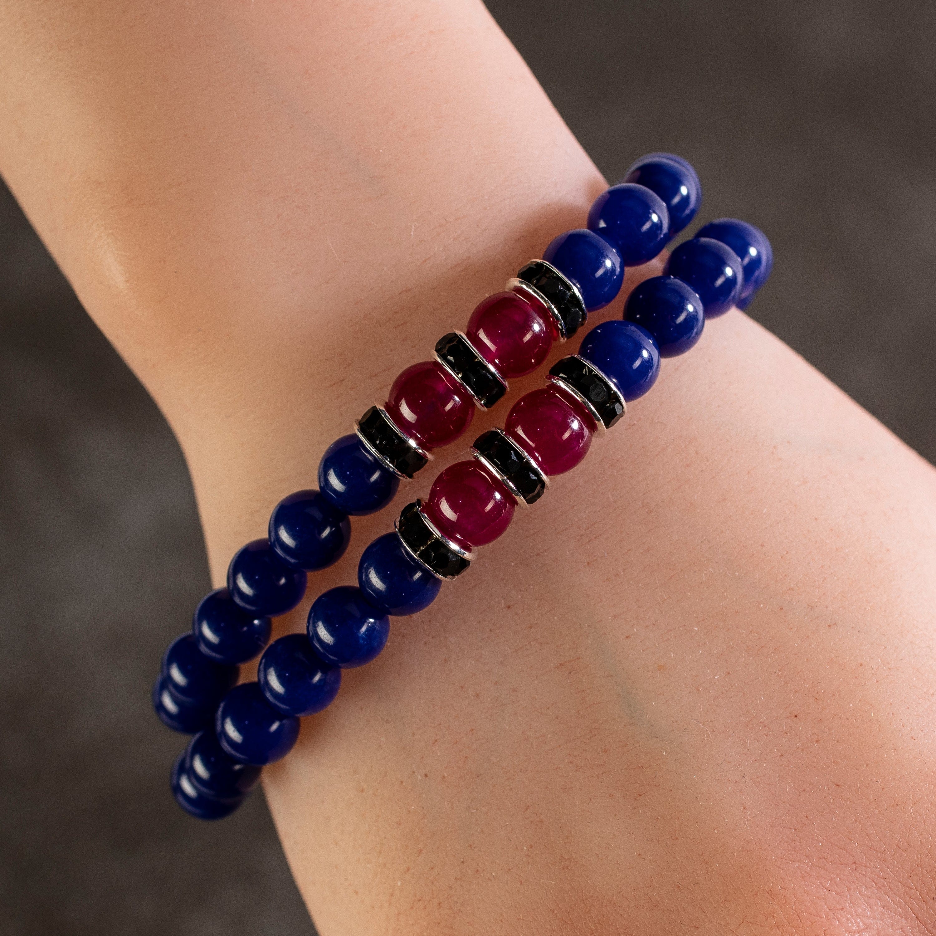 Kalifano Gemstone Bracelets Lapis 8mm Beads with Fuchsia Agate and Black and Silver Accent Beads Double Wrap Elastic Gemstone Bracelet WHITE-BGI2-012