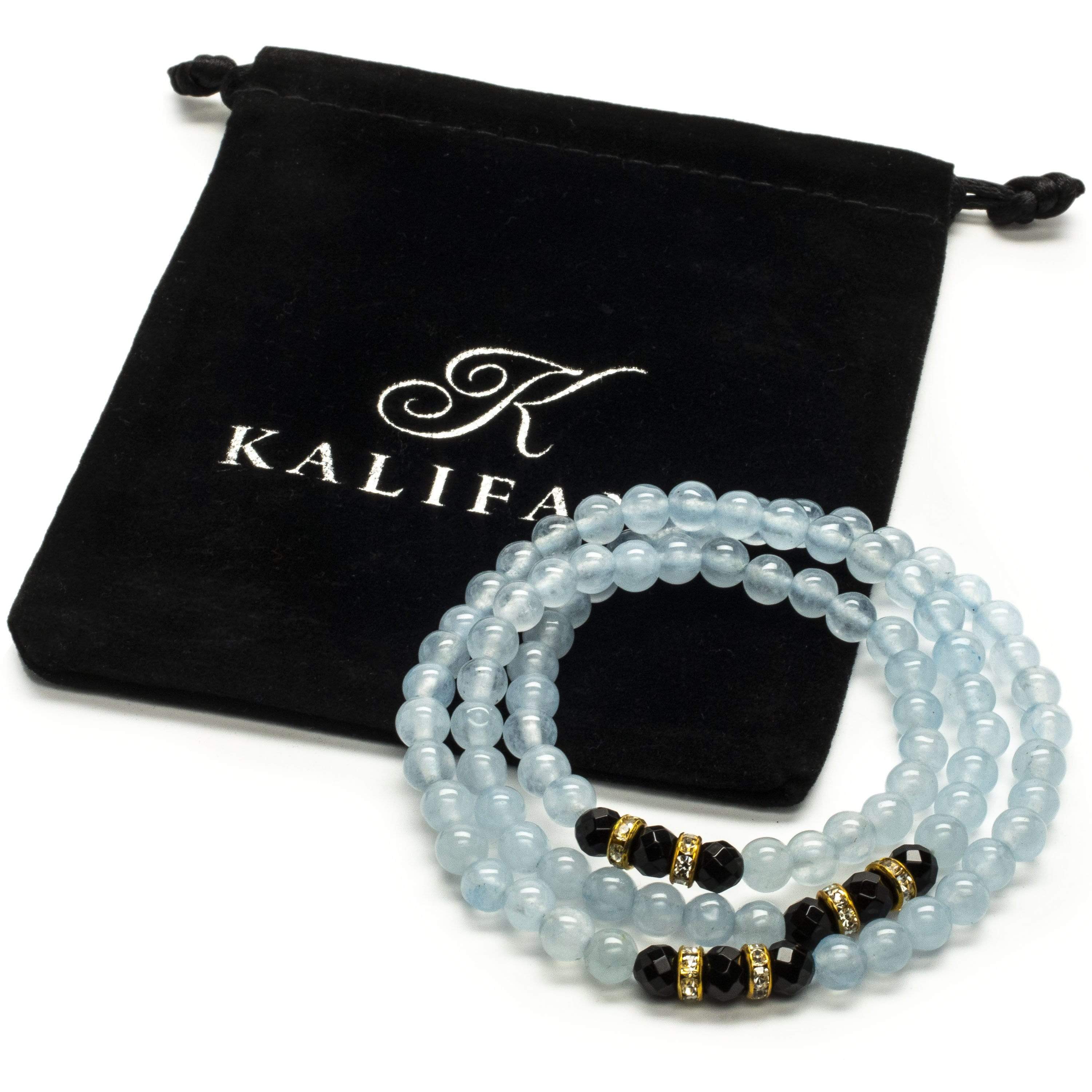 Kalifano Gemstone Bracelets Light Blue Agate Beads with Black Agate and Gold Crystal Accent Beads Triple Wrap Elastic Gemstone Bracelet WHITE-BGI3-019